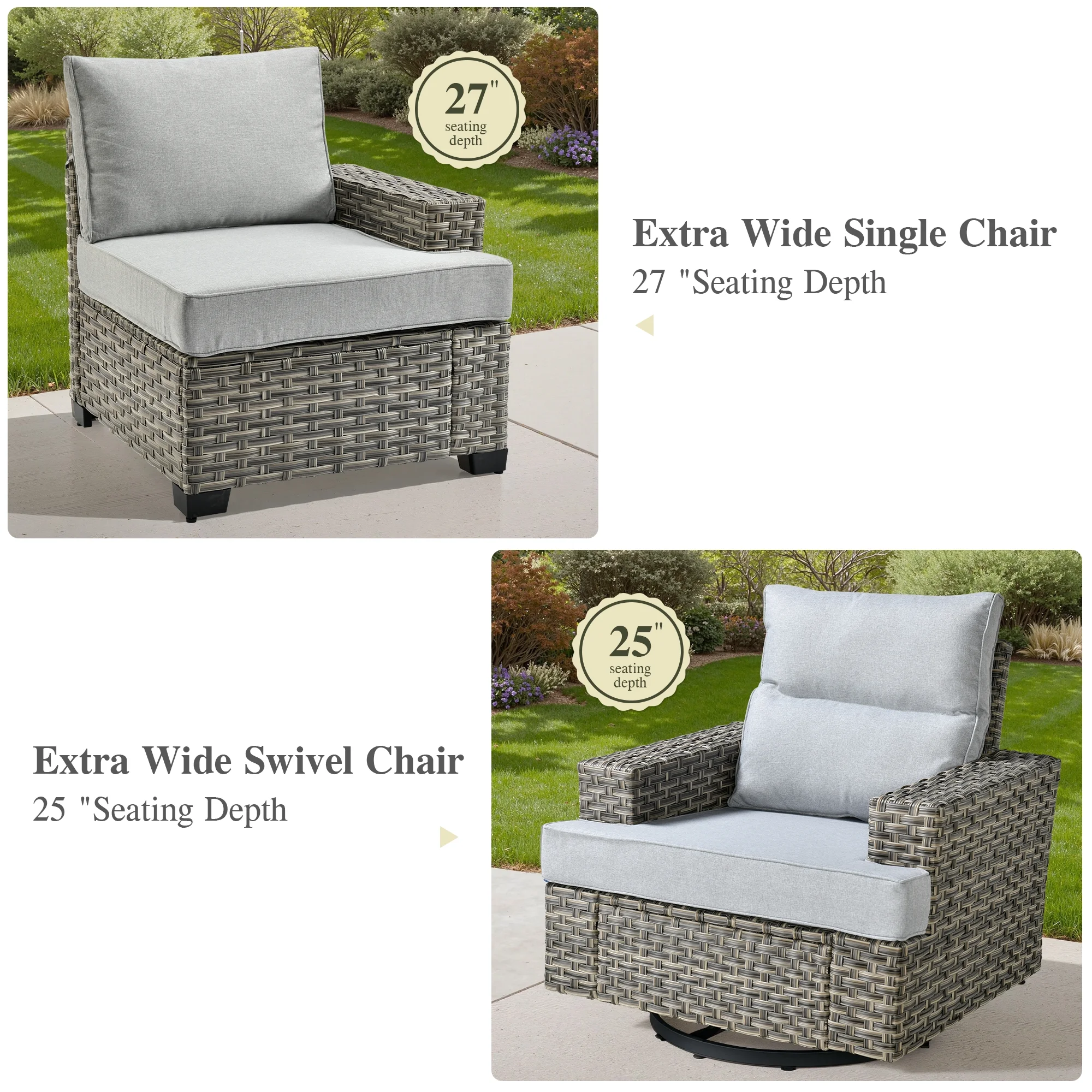 Ovios 10 Pieces Outdoor Patio Furniture Modern High-Back All-Weather Wicker Sectional Conversation Set with Propane Fire Pit Table & Swivel Chair, Dark Gray