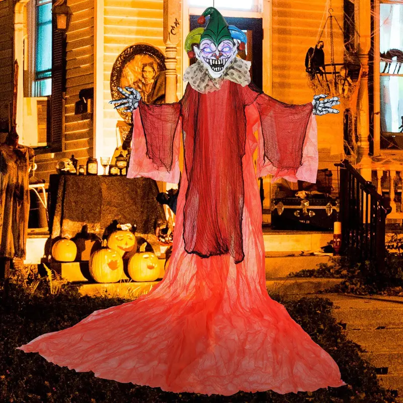 13.1 ft Hanging Clown Decoration – Spooky Halloween Prop with Color-Changing Eyes & Poseable Arms