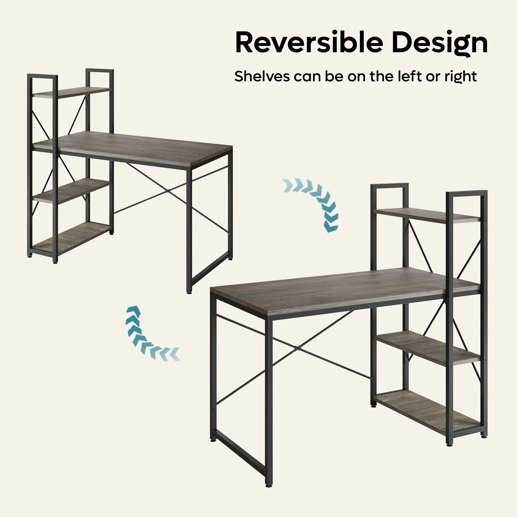Bestier 47'' Computer Desk with Shelves for Home Office Retro Grey Oak-Dark Finish