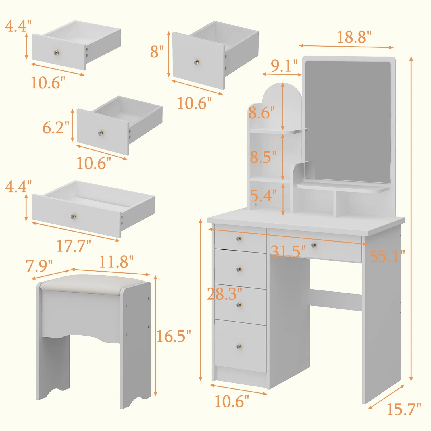KULAGAGA Vanity Table Set with Light Mirror, Makeup Table with 3 Storage Shelves & 5 Drawers, Dressing Vanity Tables with , Dresser Desk for Girls, Women, White