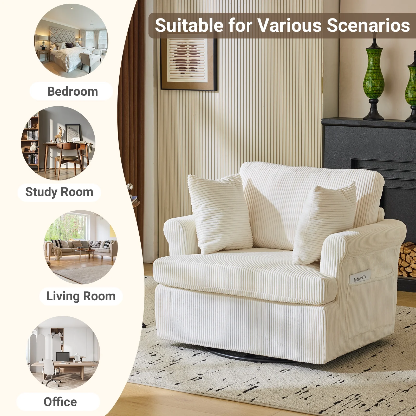 Ktaxon Swivel Accent Chair, 360-Degree Rotation Reading Chair, Corduroy Fabric Sofa with Armrest Pockets, Solid Metal Base, Perfect for Living Room Bedroom Black