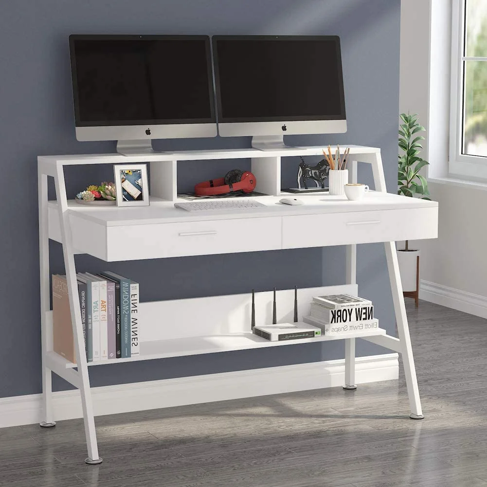 Tribesigns 47 inch Computer Desk, Modern Office Writing Desk with Storage Shelf & Drawers for Home Office, White