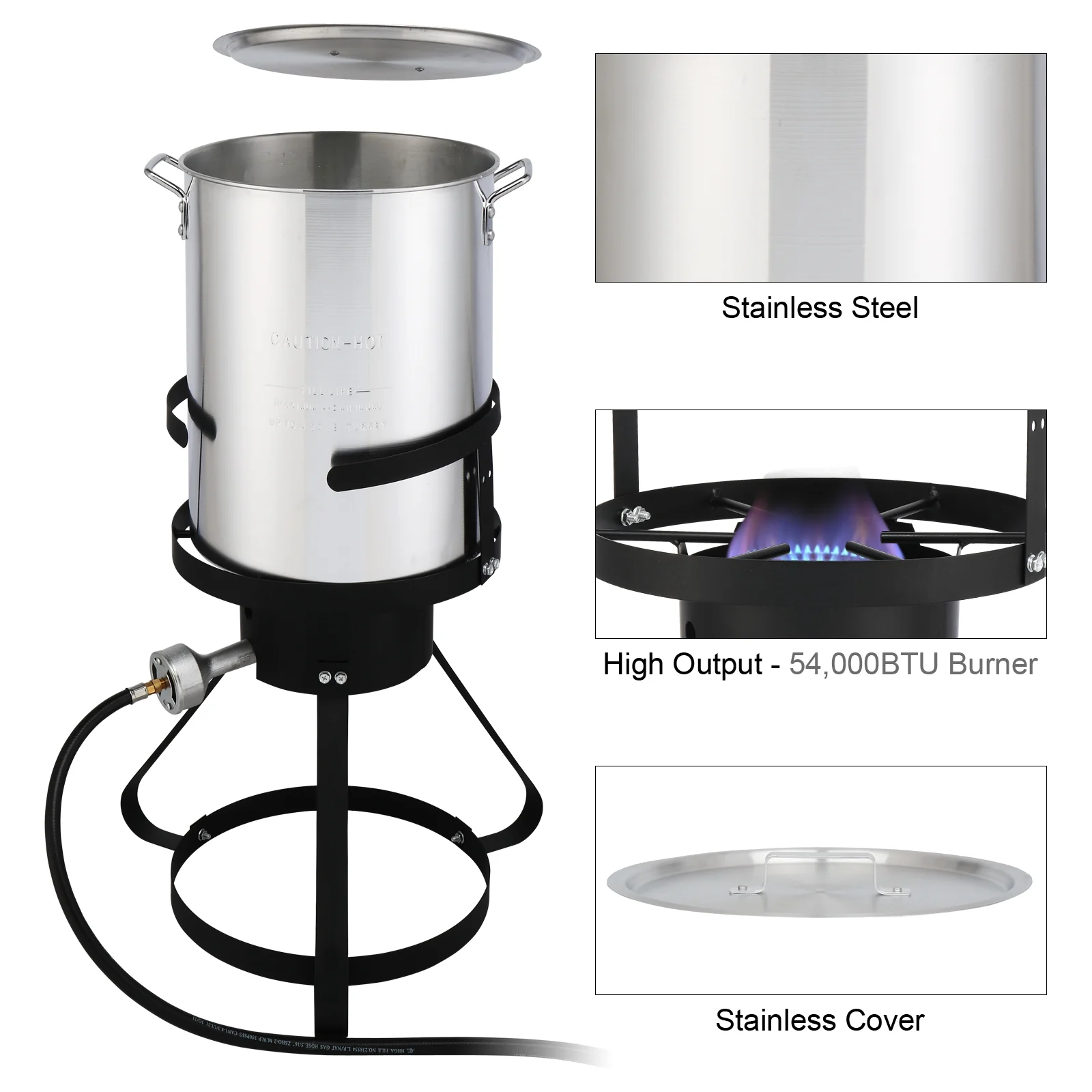 Black Round Iron Stove Frame, Silver Aluminum 30qt Turkey Pot 10qt Fish Pot, Gas Fryer - 13*32inch Four-Piece Set