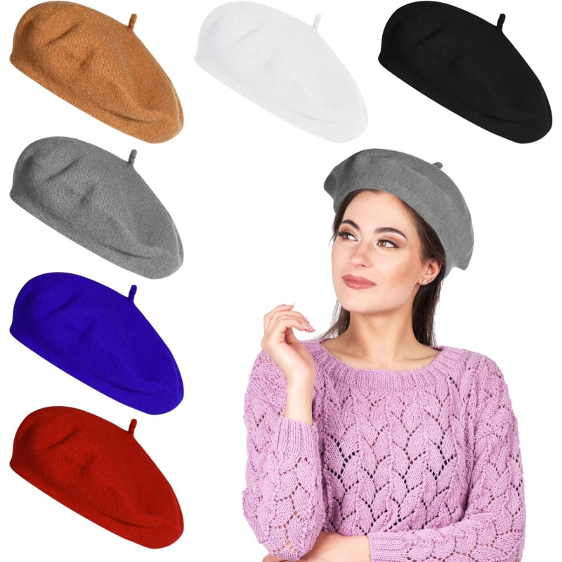 6 PCS Beret Hats, Woolen Blend Beret Caps