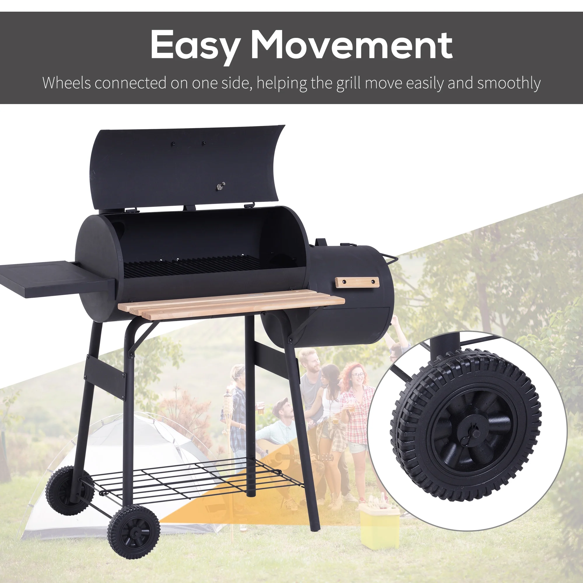 BINUFF  Portable Steel BBQ Grill & Offset Smoker Combo Wheels 48