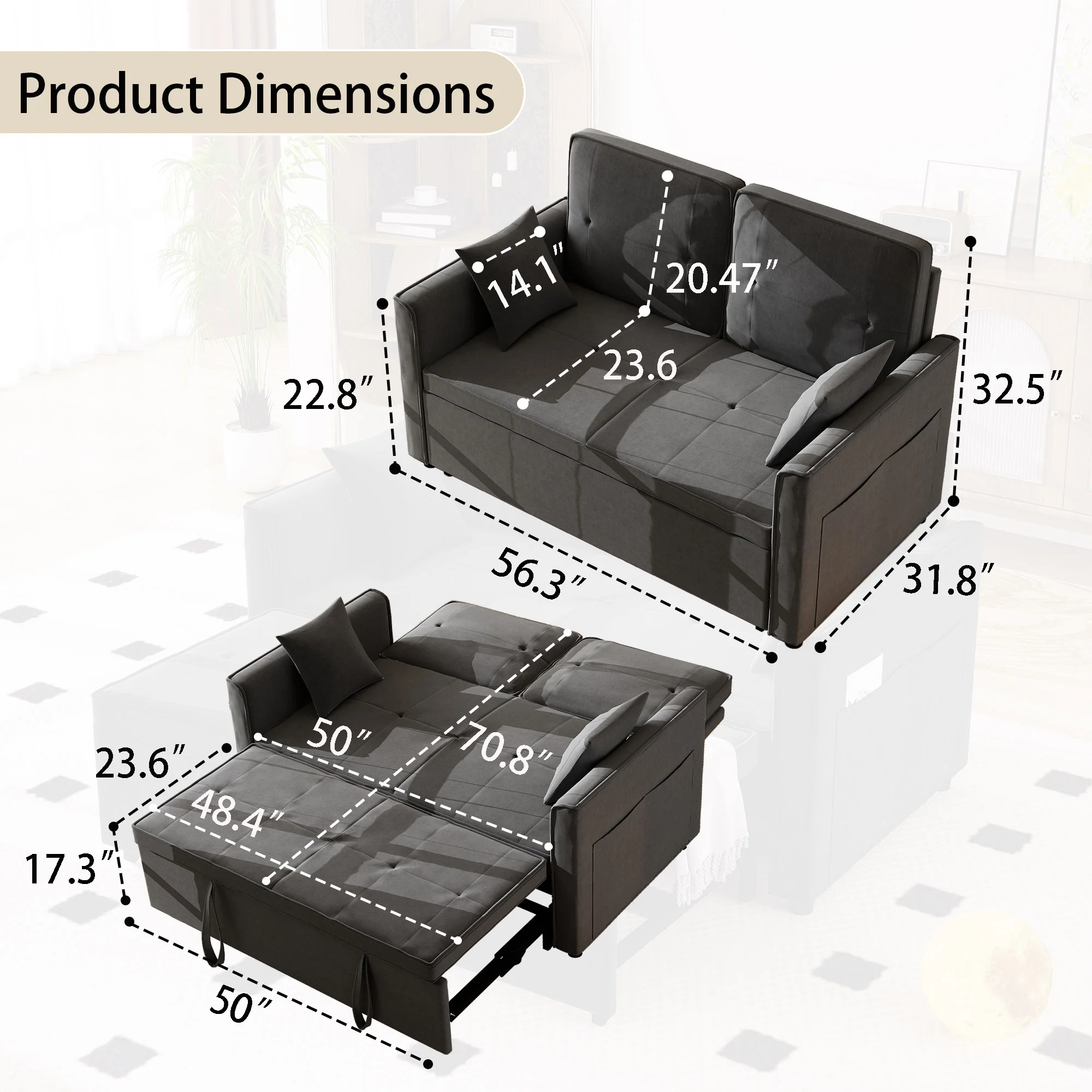 Convertible Sofa Bed,3-in-1 Sleeper Sofa with Pull Out Bed,Velvet Highly Elastic Sponge Futon Couch Loveseat with Adjustable Backrest and 2 Pillows for Living Room,Gray