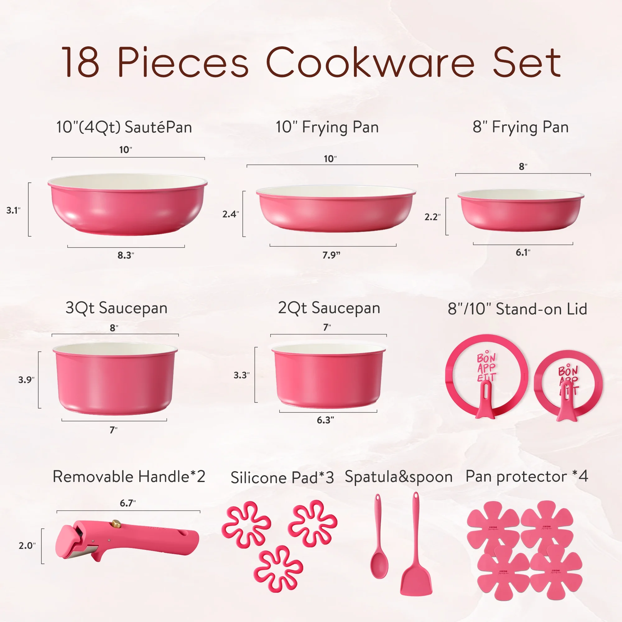 Carote 18 Pcs Ceramic Nonstick Cookware Set, Pots and Pans Set with Detachable Handles, Oven/Dishwasher Safe, Stackable Kitchen Cooking Set, White