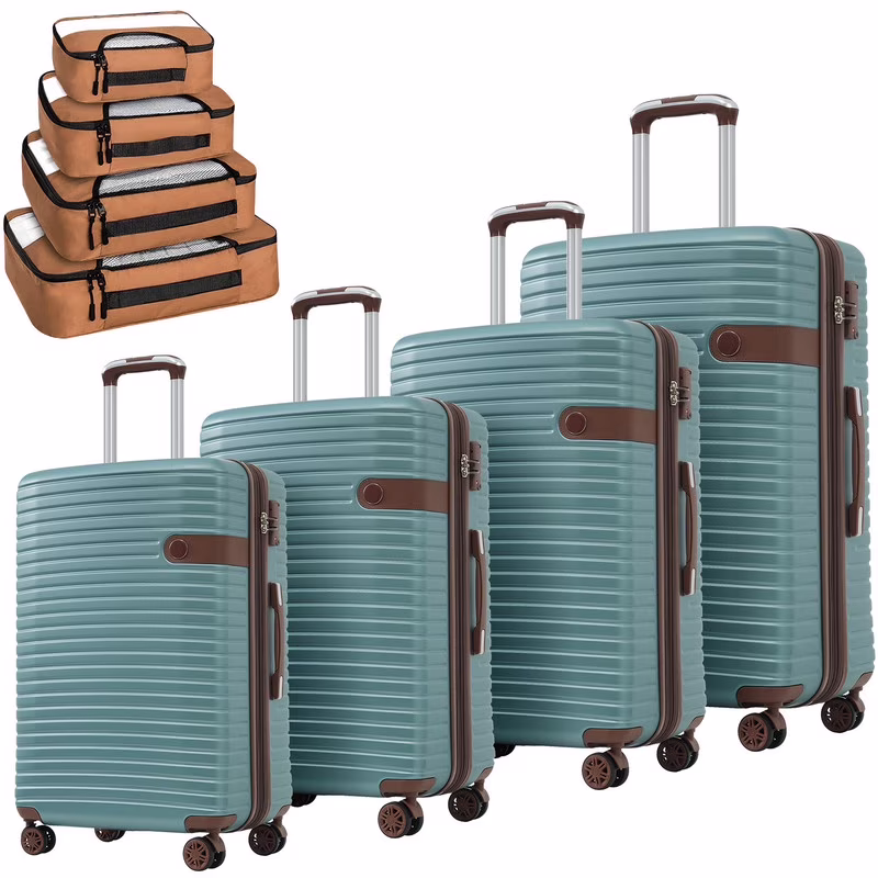 EBQOSK 4PCS Carry On Expandable Luggage Set with 4 Packing Cubes, 16/24/26/28 Inch Three-layer ABS Composite Suitcases with TSA Lock & 360°Spinner Wheels for Family Travel, Expand 25% Space Brown