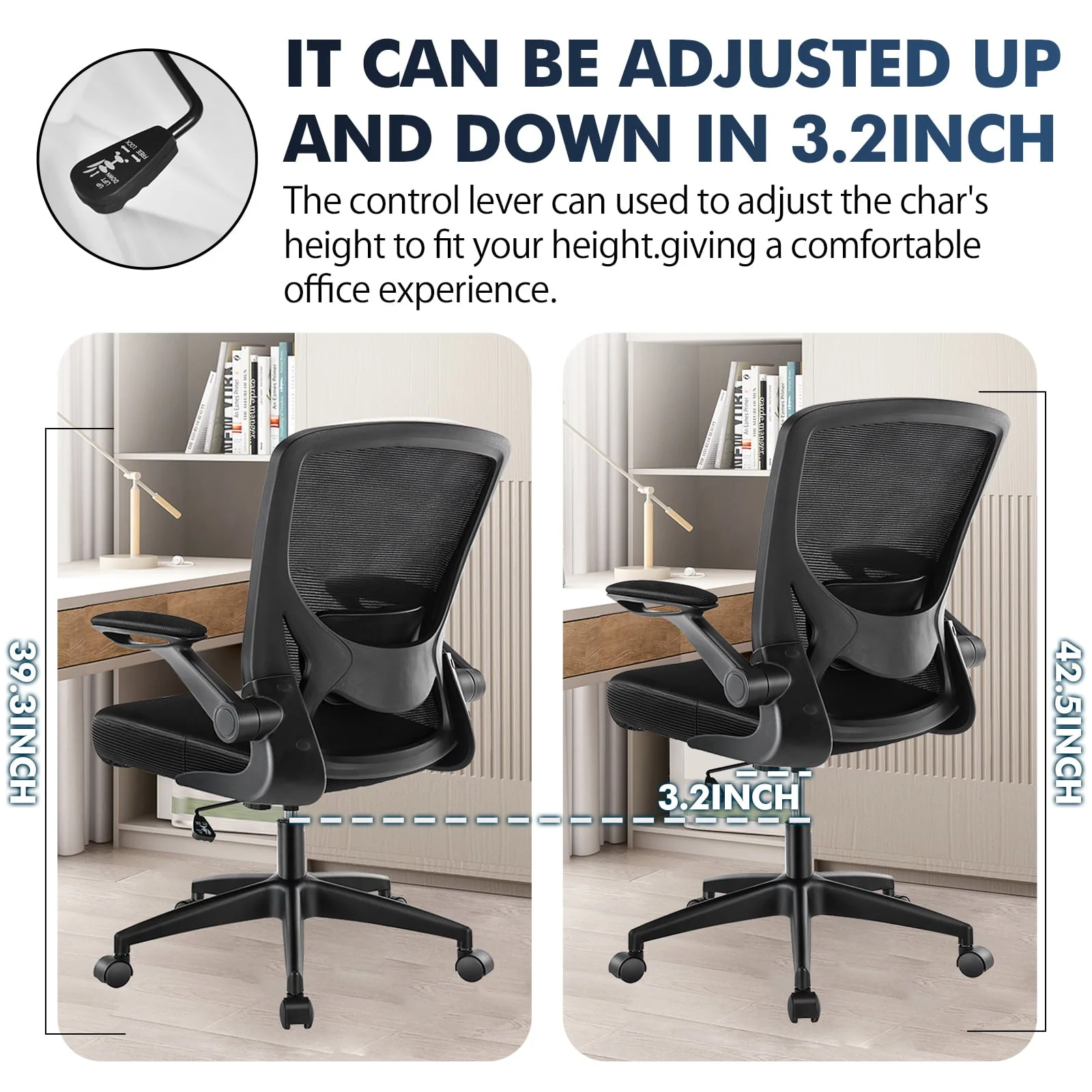 Coolhut Ergonomic Office Chair, Comfort Desk Chair with Adjustable Lumbar Support and Flip up Arms, 300lb, Black
