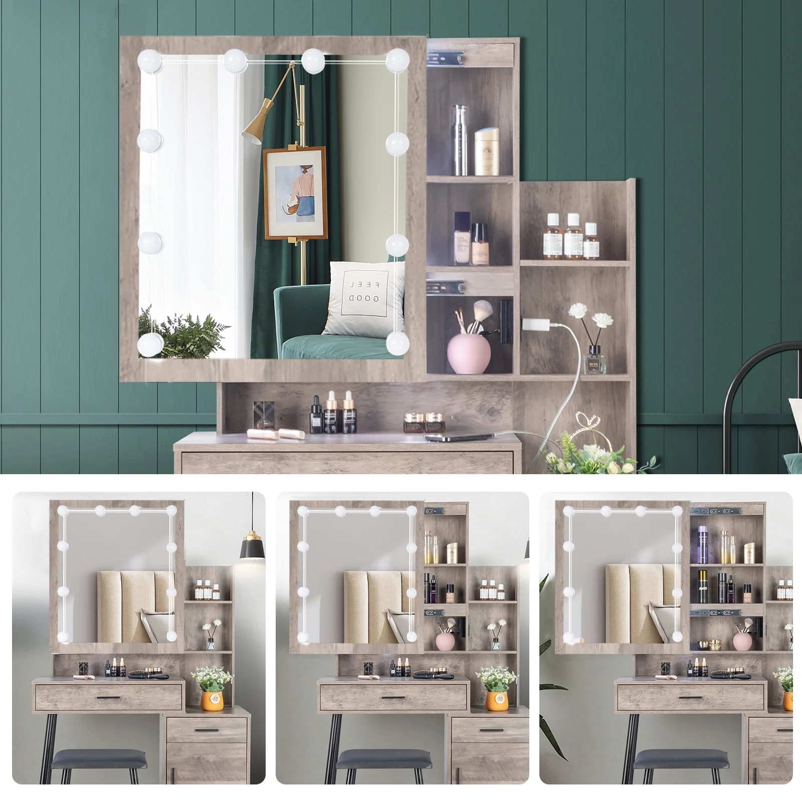 Ktaxon Vanity Set with 3 Color Lighted Mirror & Charging Station, Makeup Table with 3 Storage Shelves & Drawers, Dressing Table Makeup Desk with Stool,Retro Gray