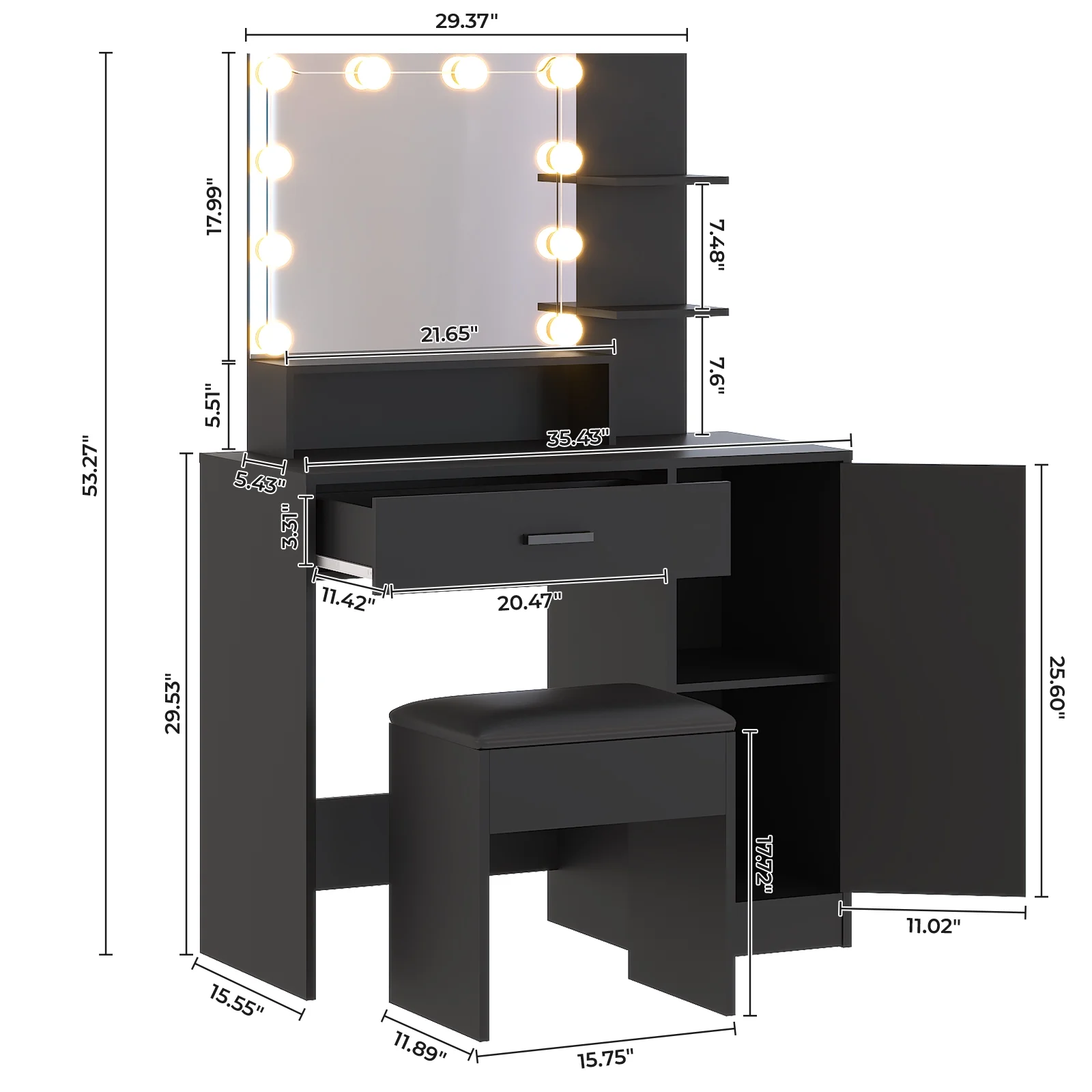 Ktaxon Vanity Set with 3 Color Lighted Mirror, Makeup Table with 3 Storage Shelves & Drawers, Dressing Table Makeup Desk with Stool,White