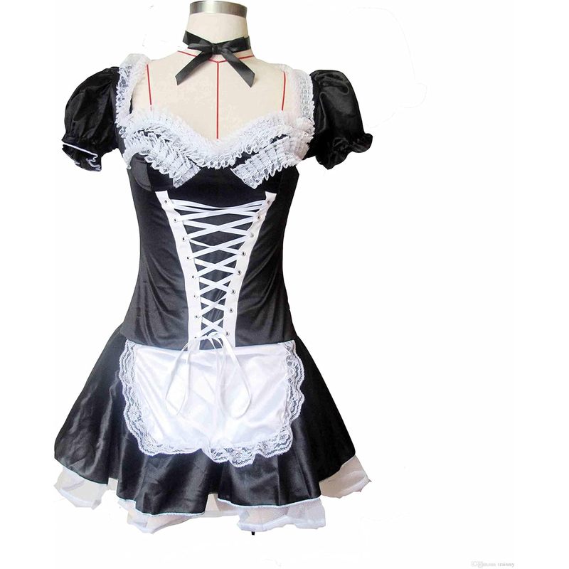 Women's French Maid Costume Sexy Black Satin