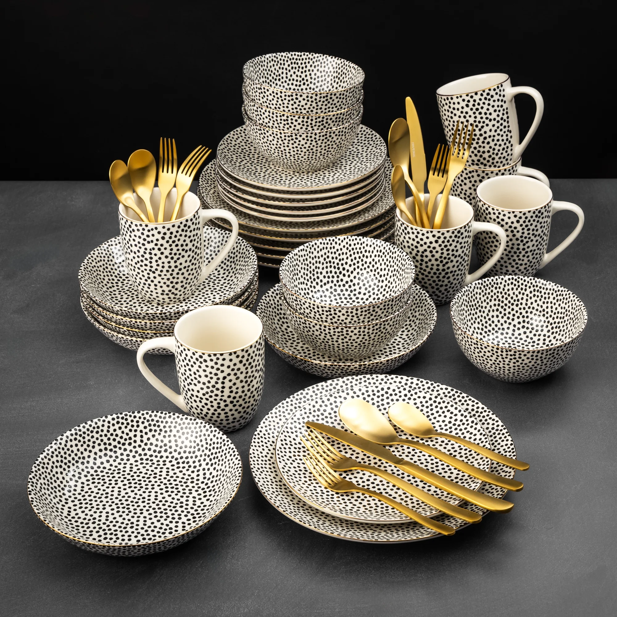 Thyme & Table 60-Piece Dot Dinnerware & Gold Flatware Set, Service for 6