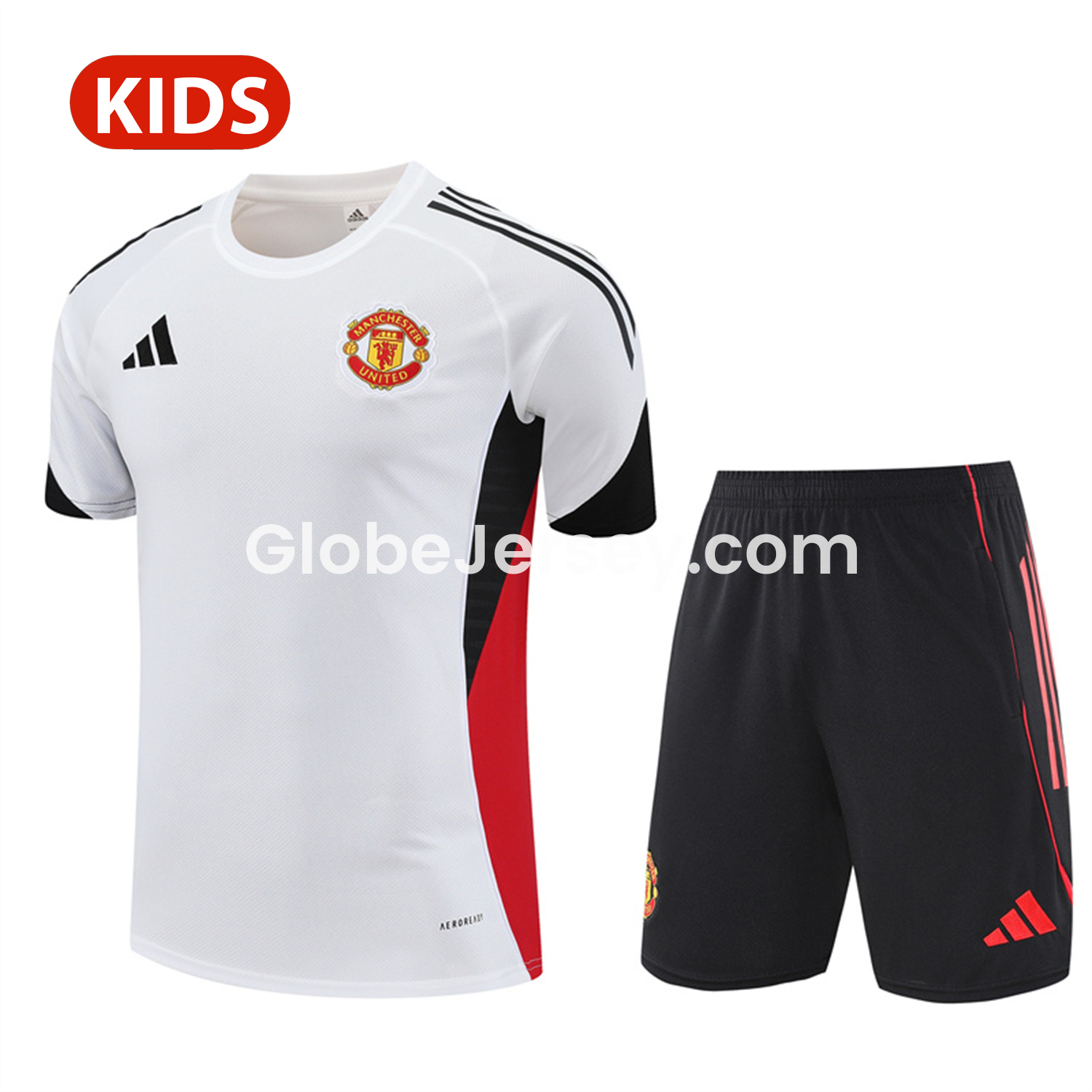 Manchester United 25-26 Kid Short-Sleeve Training Set - White Top & Black Shorts