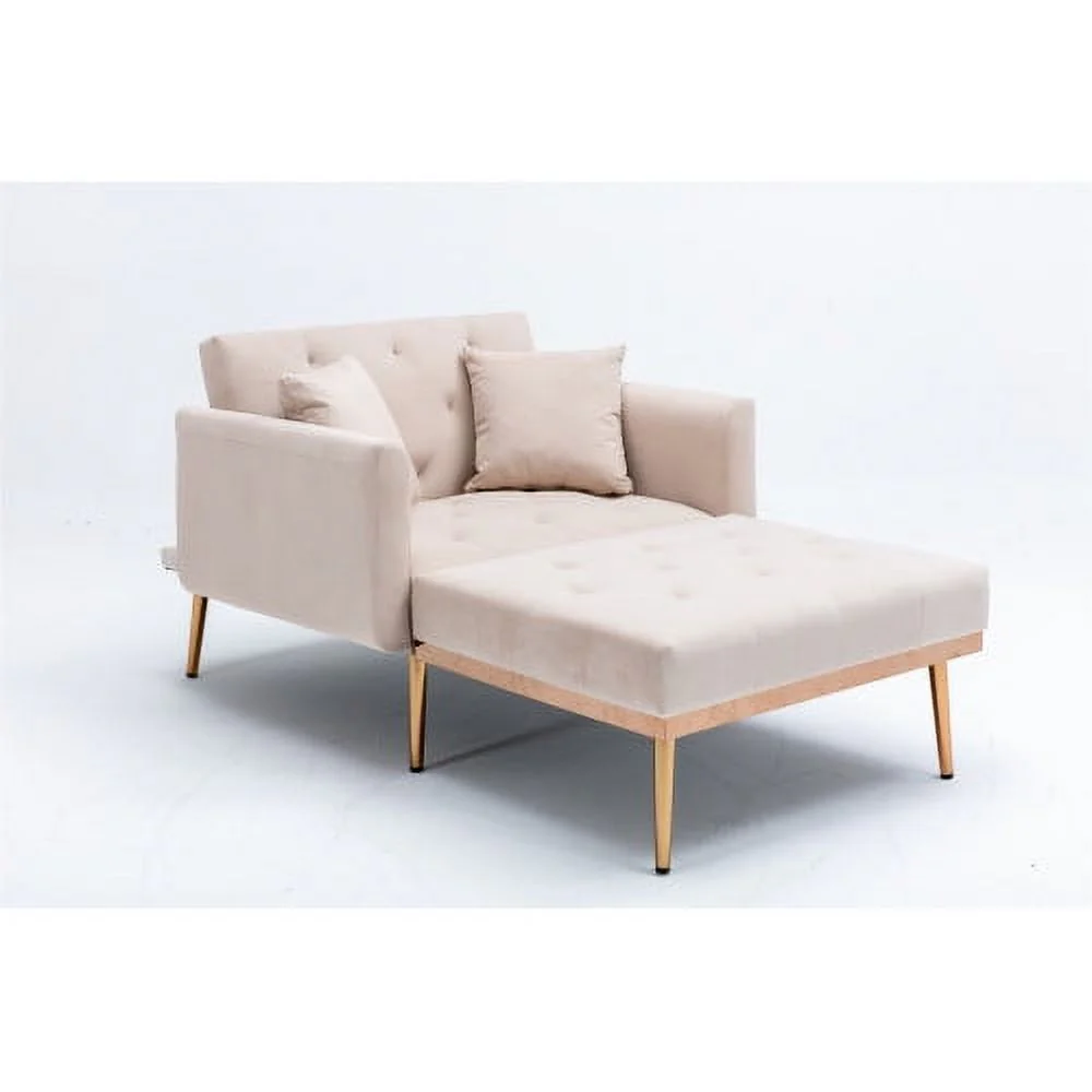 Velvet 2 in 1 Chaise Lounge Indoor Sleeper Chair, Convertible Chairs into Beds with 2 Pillows, Comfy Tufted Sleeper Chair for Bedroom, Living Room, Beige