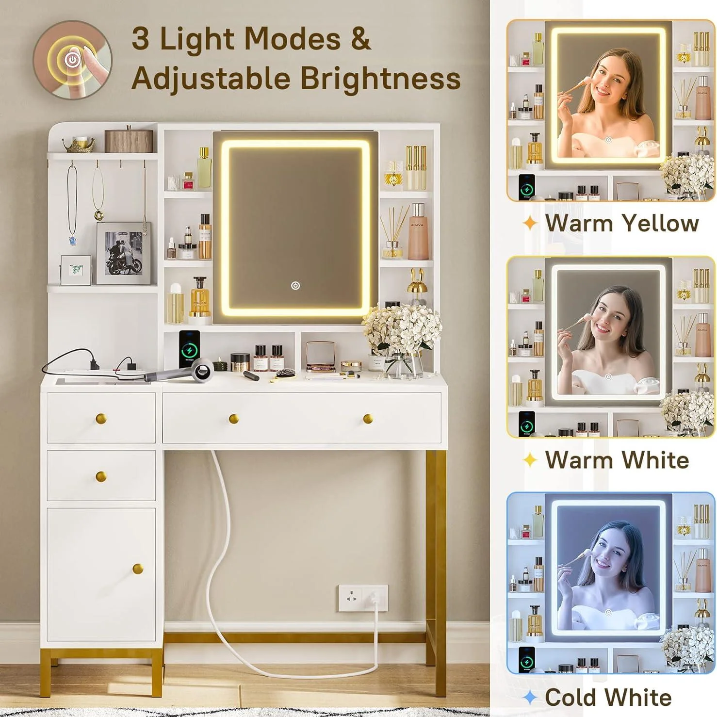 AOGLLATI Makeup Vanity with Lights in 3 Colors, White Vanity Desk with Mirror and Lights, Vanity Table with Charging Station, Makeup Desk with Visible Drawers, Hidden and Open Storage Shelves