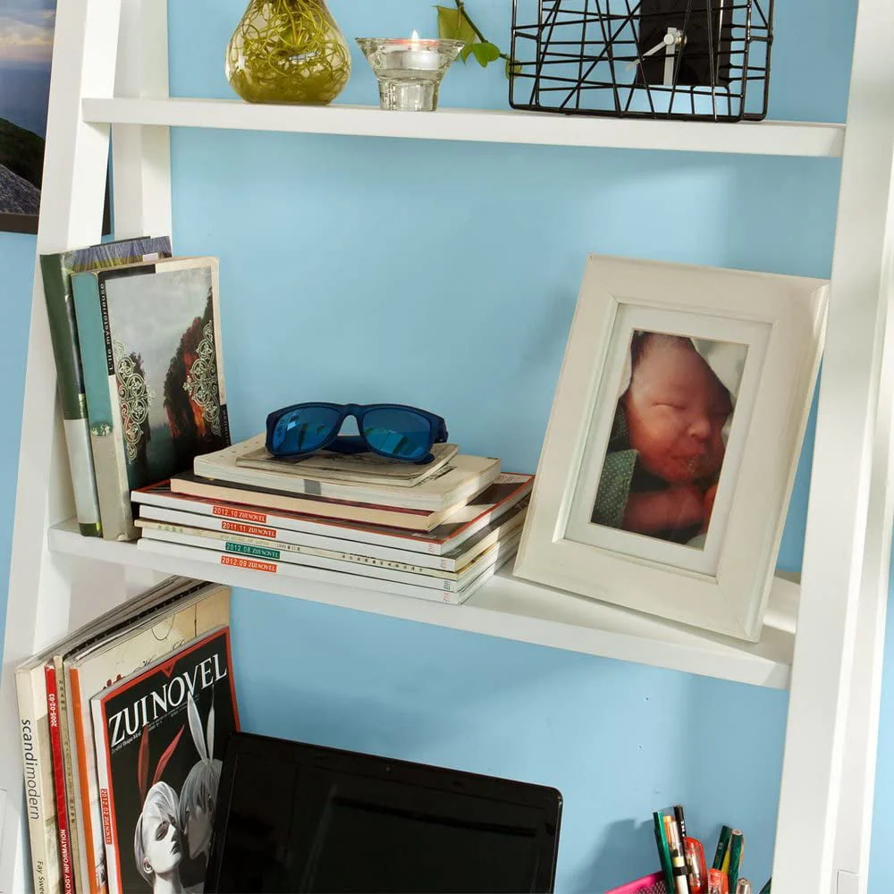 Haotian FRG60-W, White Ladder Shelf Desk, Bookcase, Book Shelf, Leaning Desk With Shelves, Wall Shelf