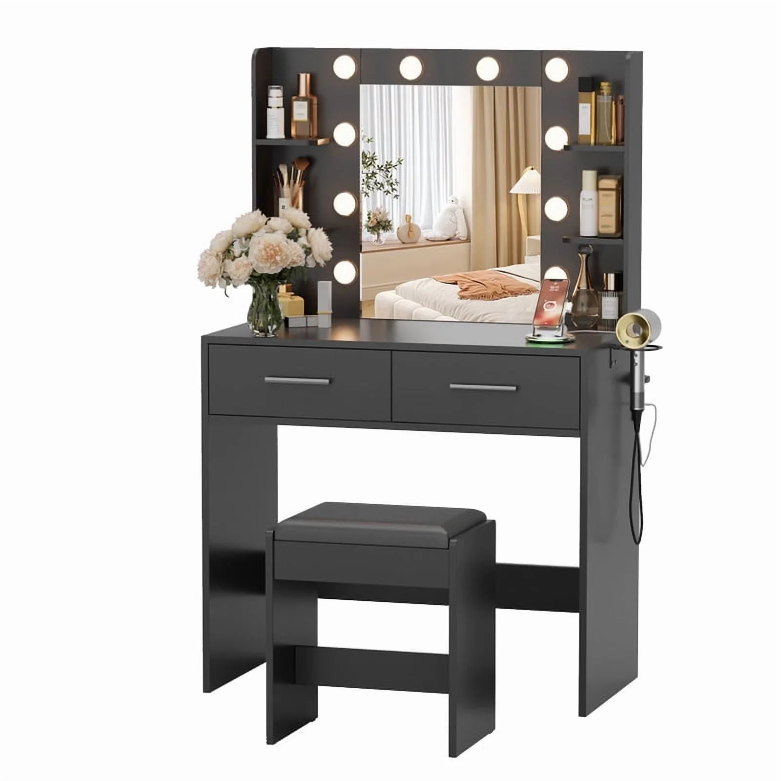Furmax Makeup Vanity Table and Chair Set with 3 Modes Adjustable Lights and Mirror Vanity Desk with Shelves and Drawer, White