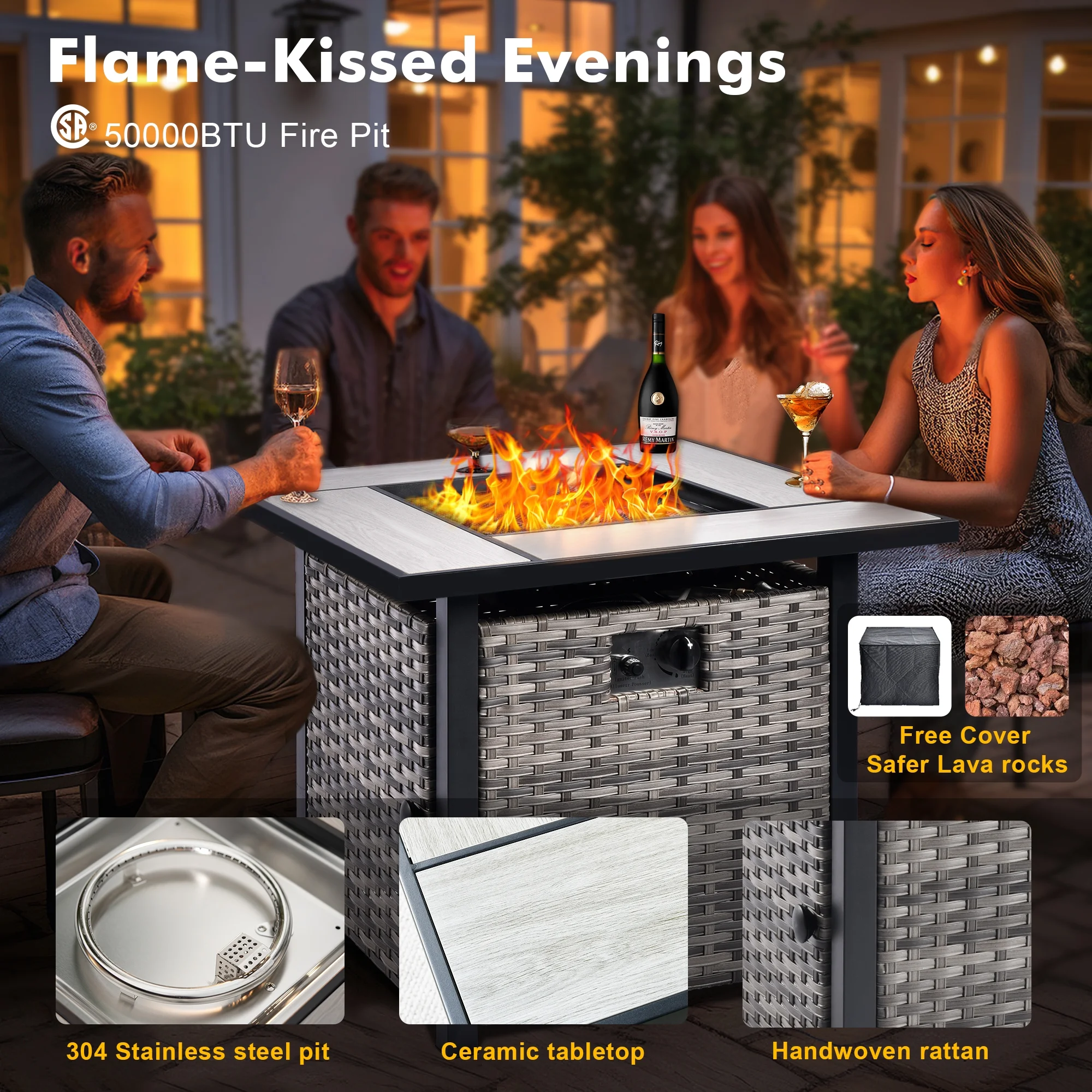 Ovios 6 Pieces Outdoor Patio Furniture Set with Gas Propane Fire Pit Table Wicker Outdoor Conversation Set with Swivel Rocking Chair for Backyard, Cushion Beige