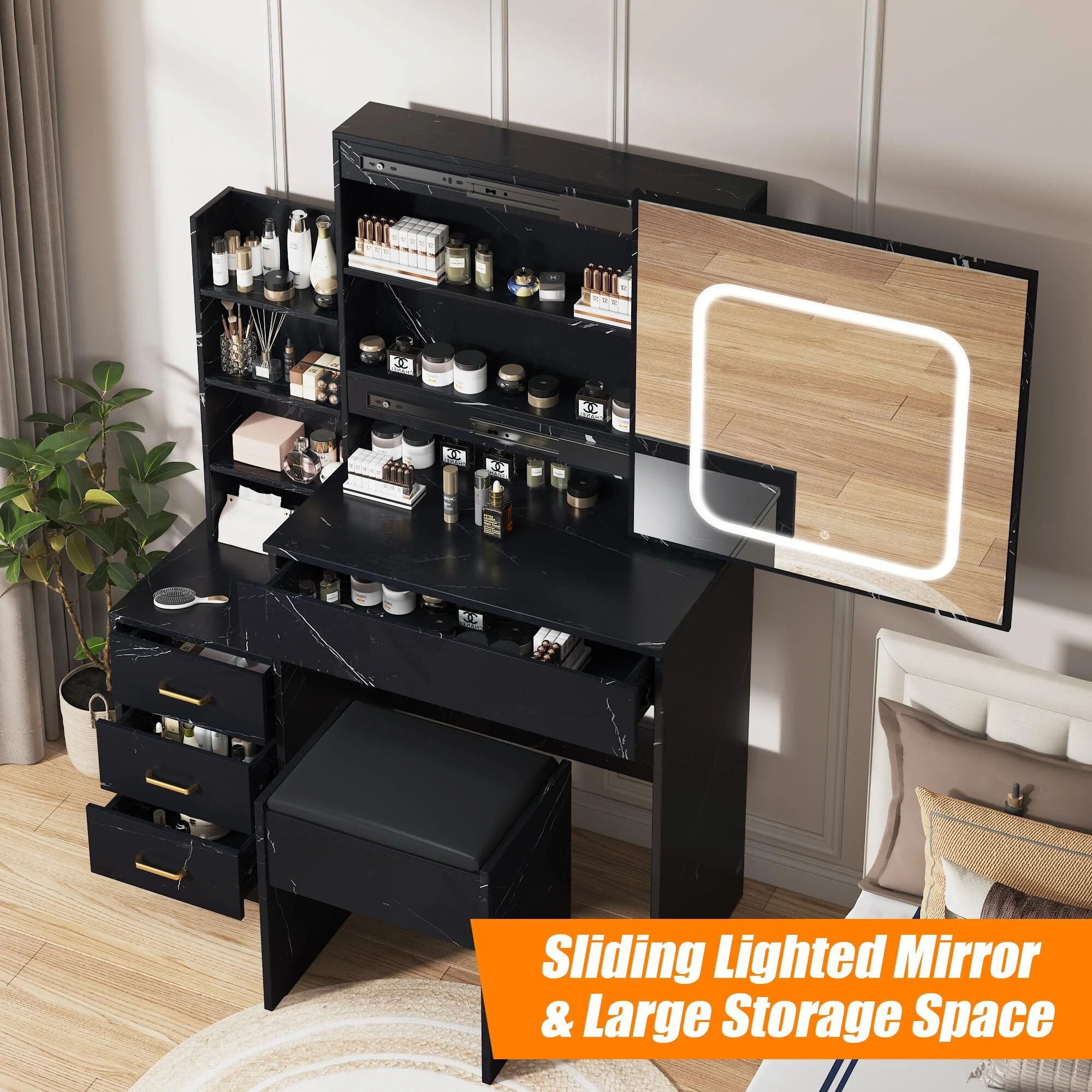 Vanity Desk with Sliding Mirror & Lights, Makeup Vanity Set with Charging Station 4 Drawers 7 Shelves, Large Vanity Set with Cushioned Stool for Bedroom, White
