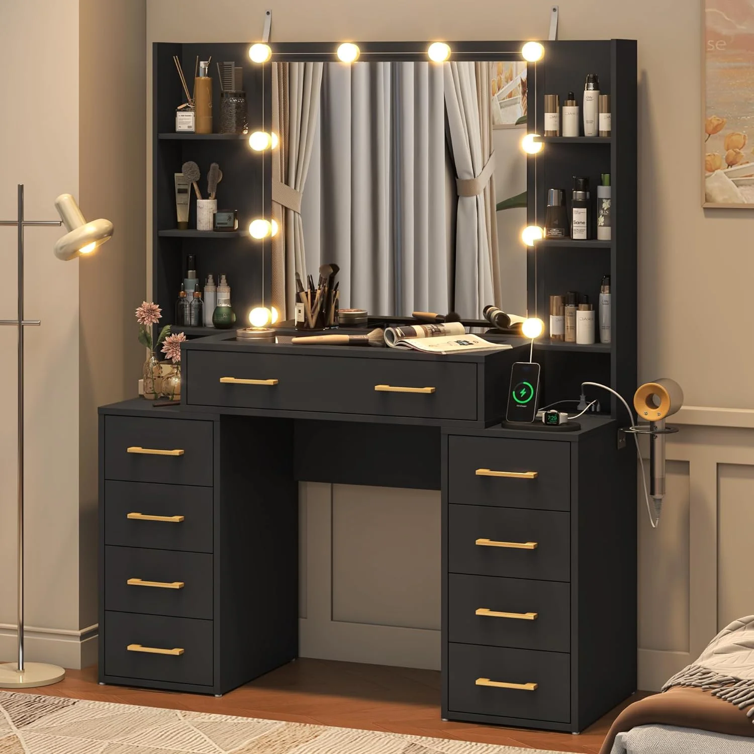 White Vanity Desk with Mirror & LED Lights, Glass Top Vanity Desk with Charging Station & Compartment Storage Drawers, 43