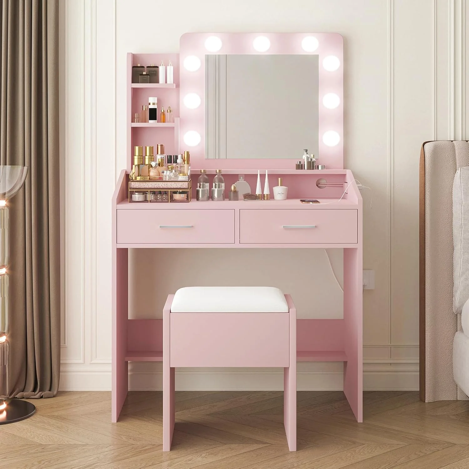 OYang Makeup Vanity with Lights, Vanity Desk with Mirror and Lights Set, Large Drawer and Two-Tier Lots Storage Cabinet, 3 Lighting Modes Adjustable Brightness