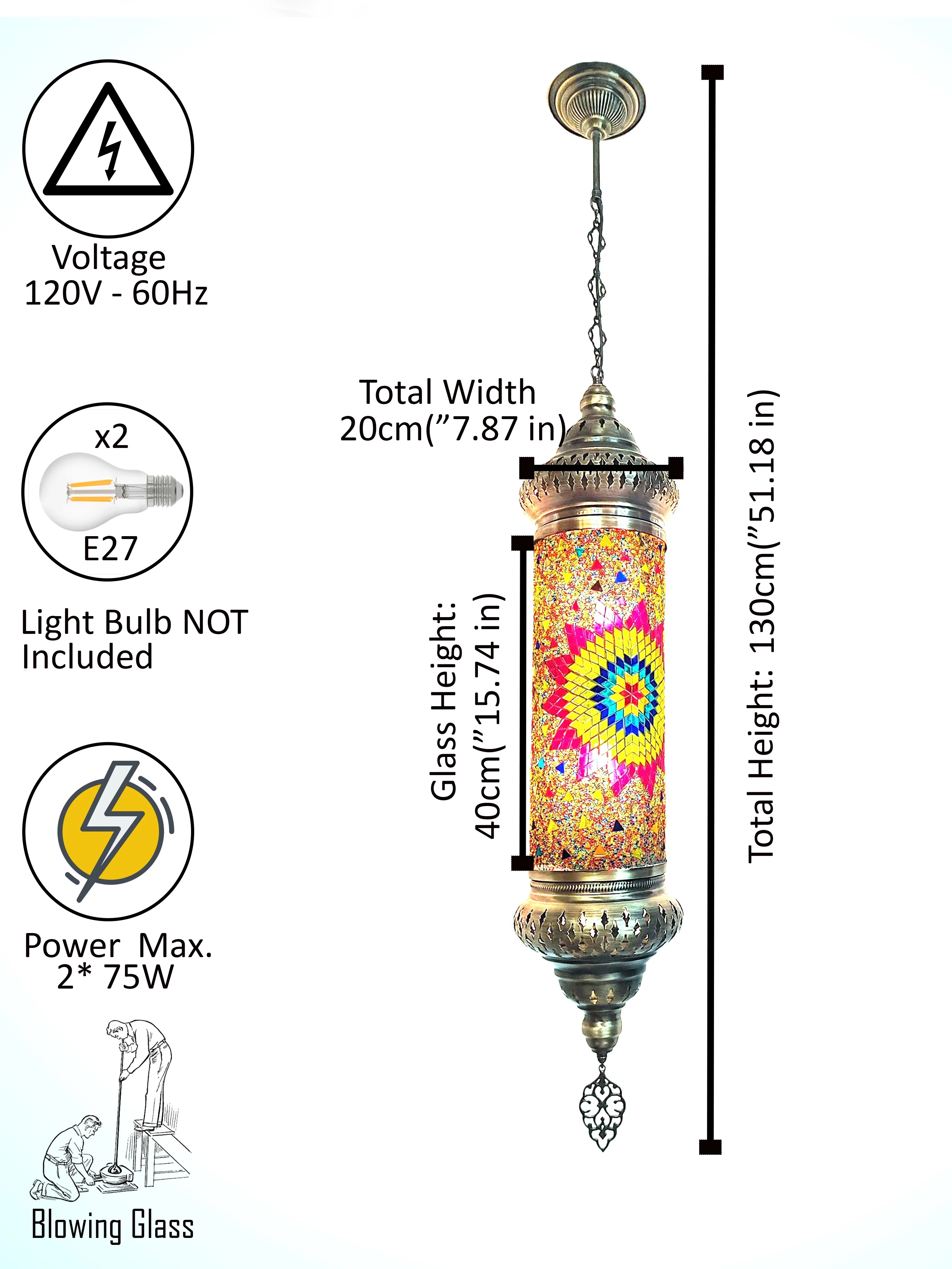 Angora Tantine Turkish Lamp | Blown Glass Turkish Pendant Hanging Lamps for Living Room (51.18