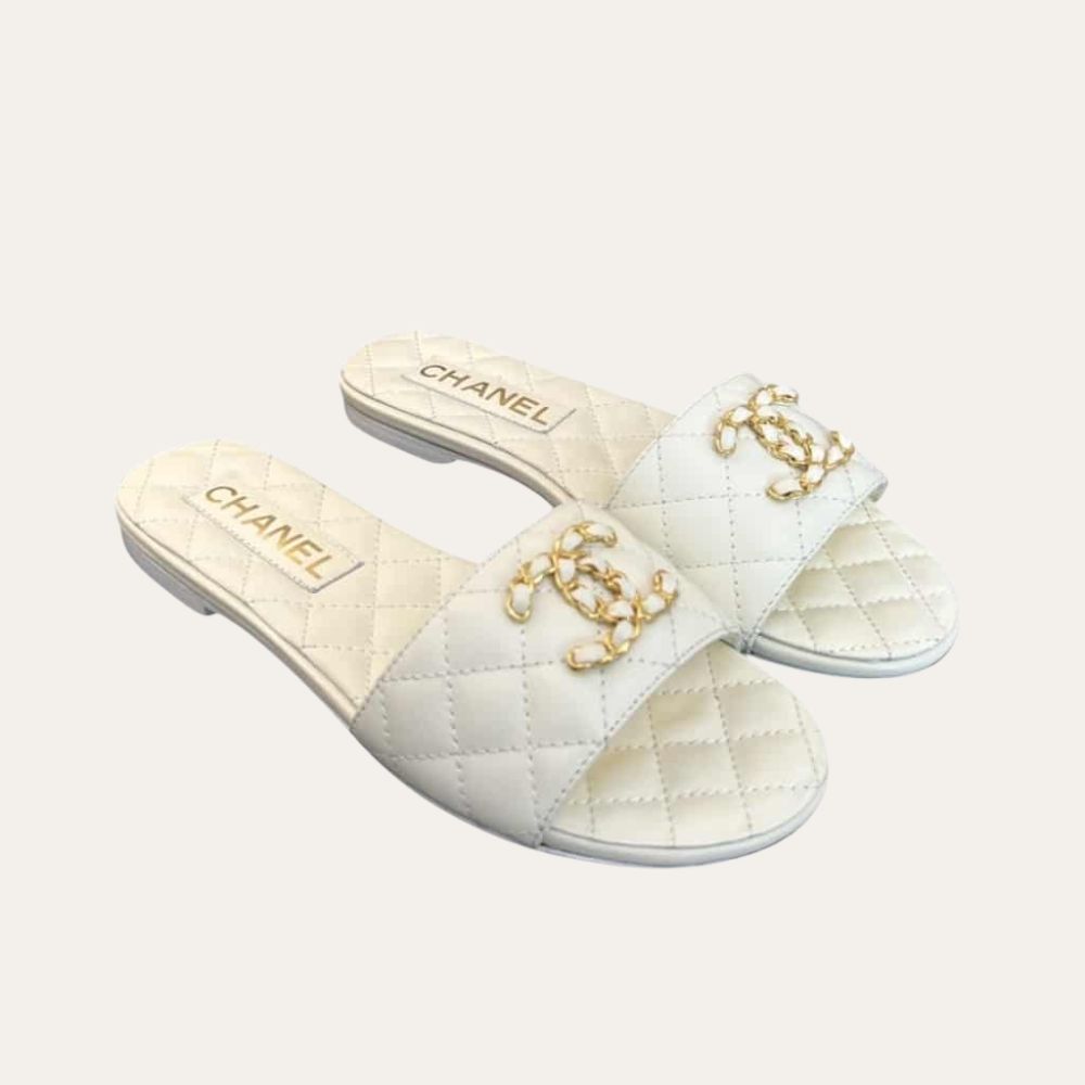 Chanel 23P Chain CC Slide Mules Quilted Leather White