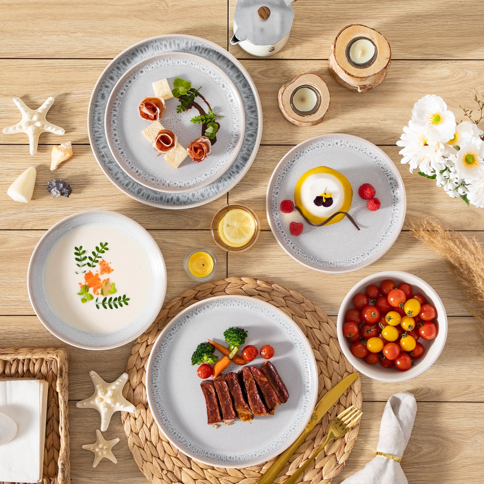 Malacasa 16 Pcs Dinnerware Sets For 4 people, Plates and Bowls Set, Stoneware Tableware Dishwasher Microwave Safe, Beige