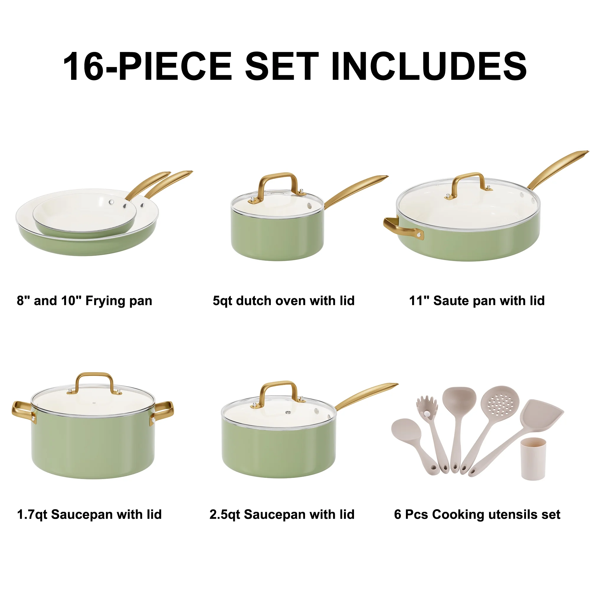 Caannasweis 15 Pieces Ceramic Cookware Sets, Nonstick Pots and Pans Lightweight Cookware Set with Cooking Utensils Set