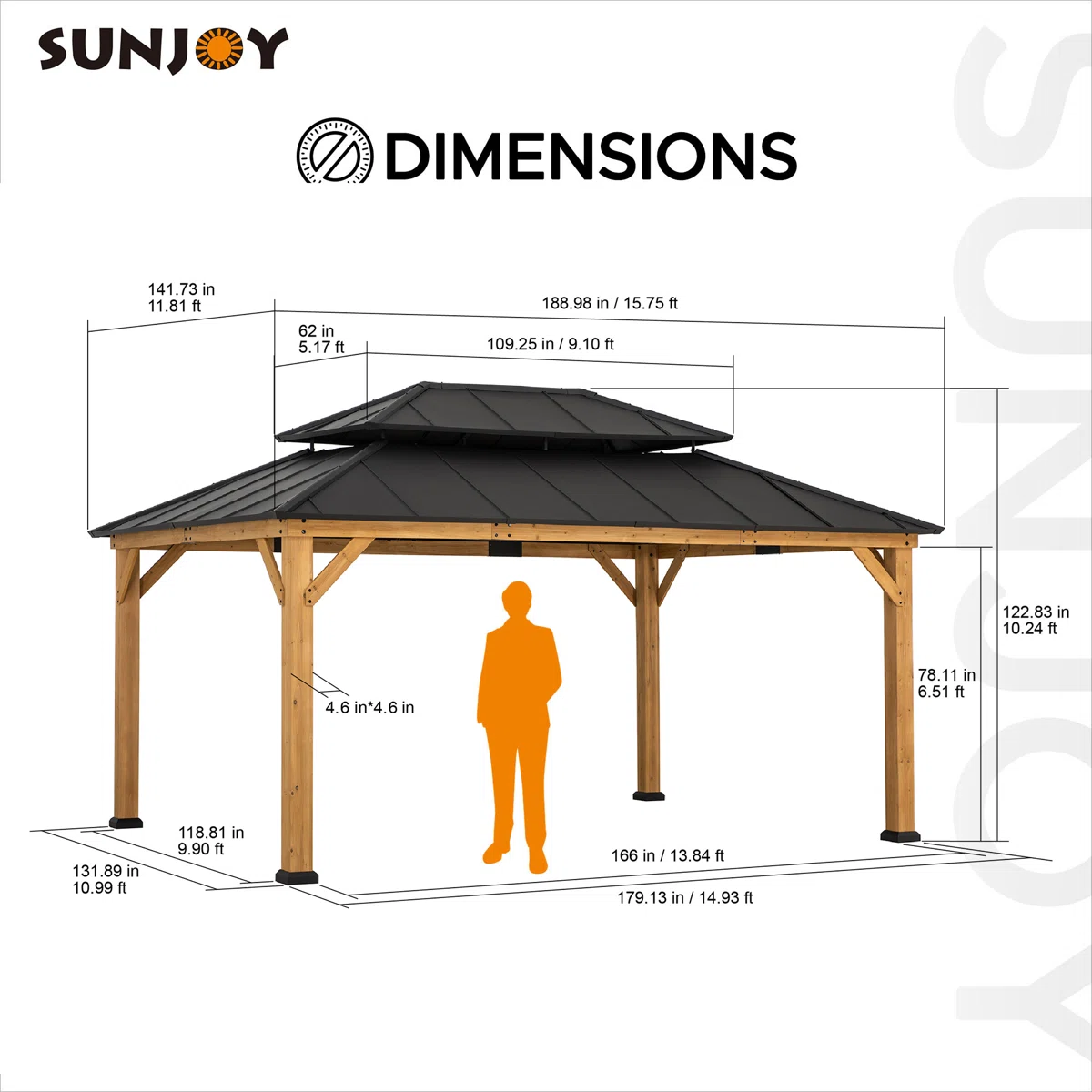 Sunjoy 12x16 ft. Wood Gazebo. Outdoor Patio Steel Hardtop Gazebo. Cedar Framed Wooden Gazebo with 2-tier Metal Roof. Suitable for Patios. Lawn and Backyard
