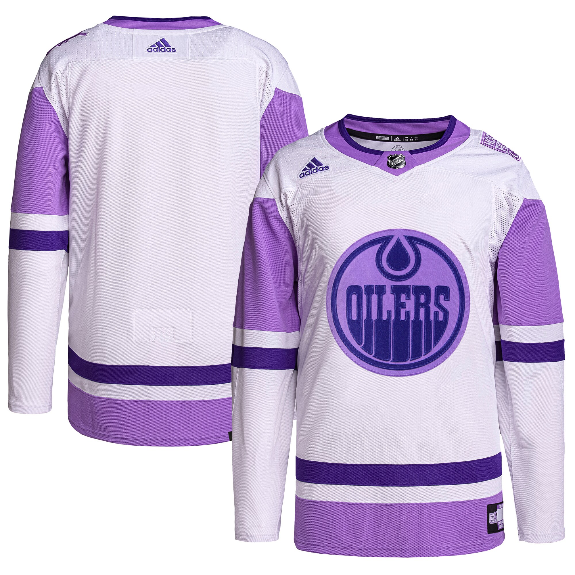 Edmonton Oilers  Hockey Fights Cancer Primegreen  Blank Practice Jersey – White/Purple