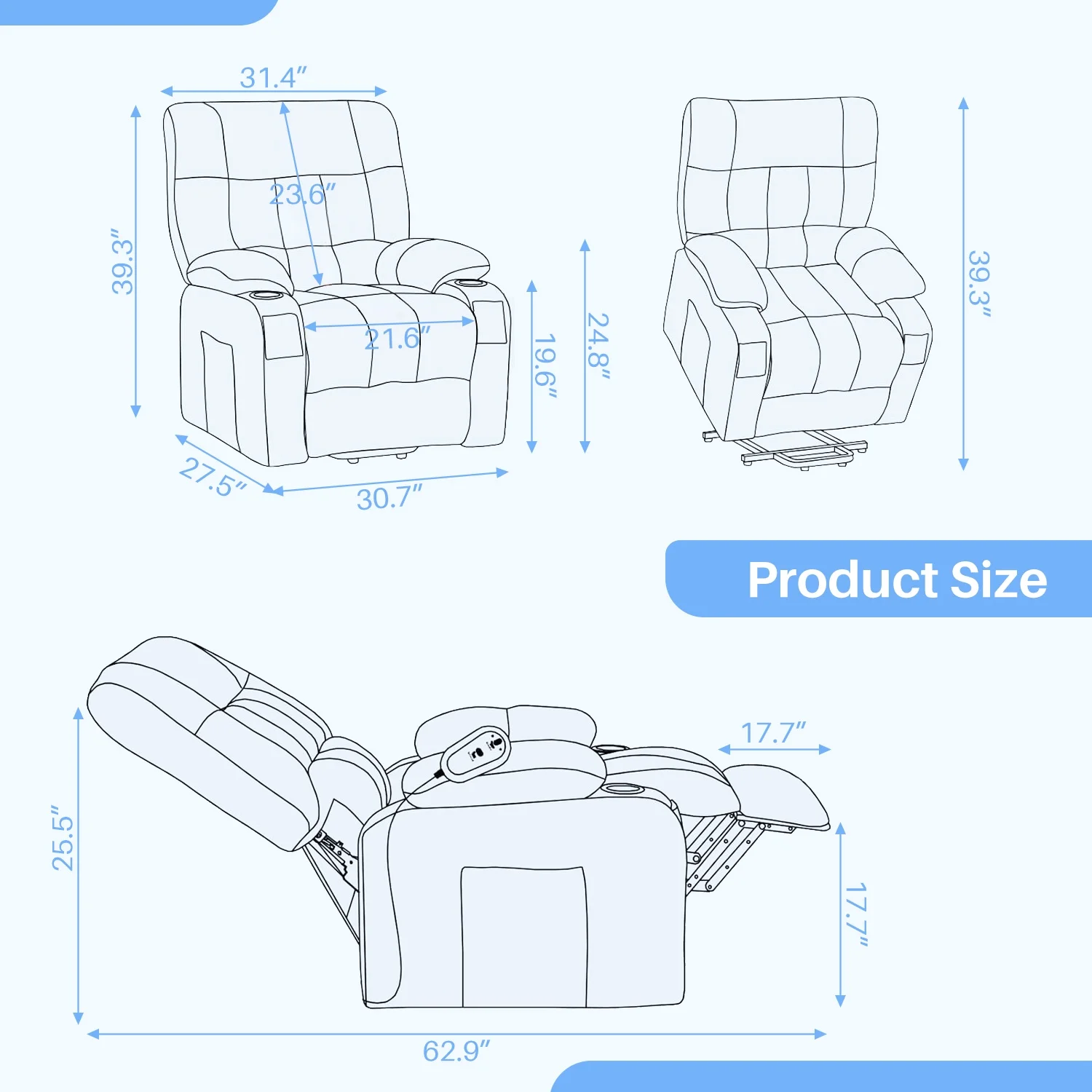 Simenmax Recliner Chair with Massage and Heating, Home Theater Seating with Lumbar Support, Adjustable Electric Power Lift Chairs, Gray