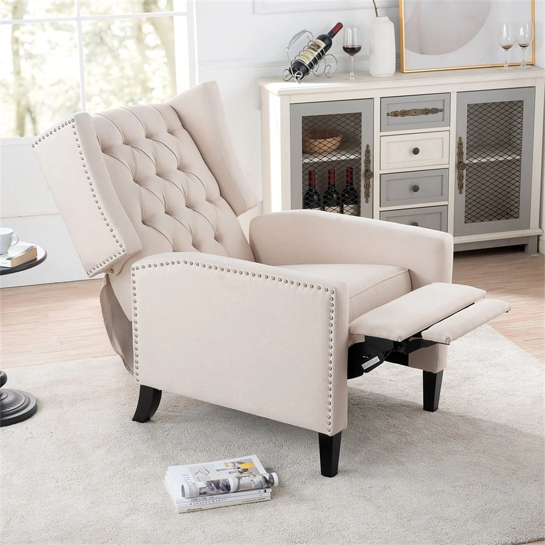 Triple Tree Modern Fabric Foam Wood Solid Print Nailhead Trim Accent Chair, Beige