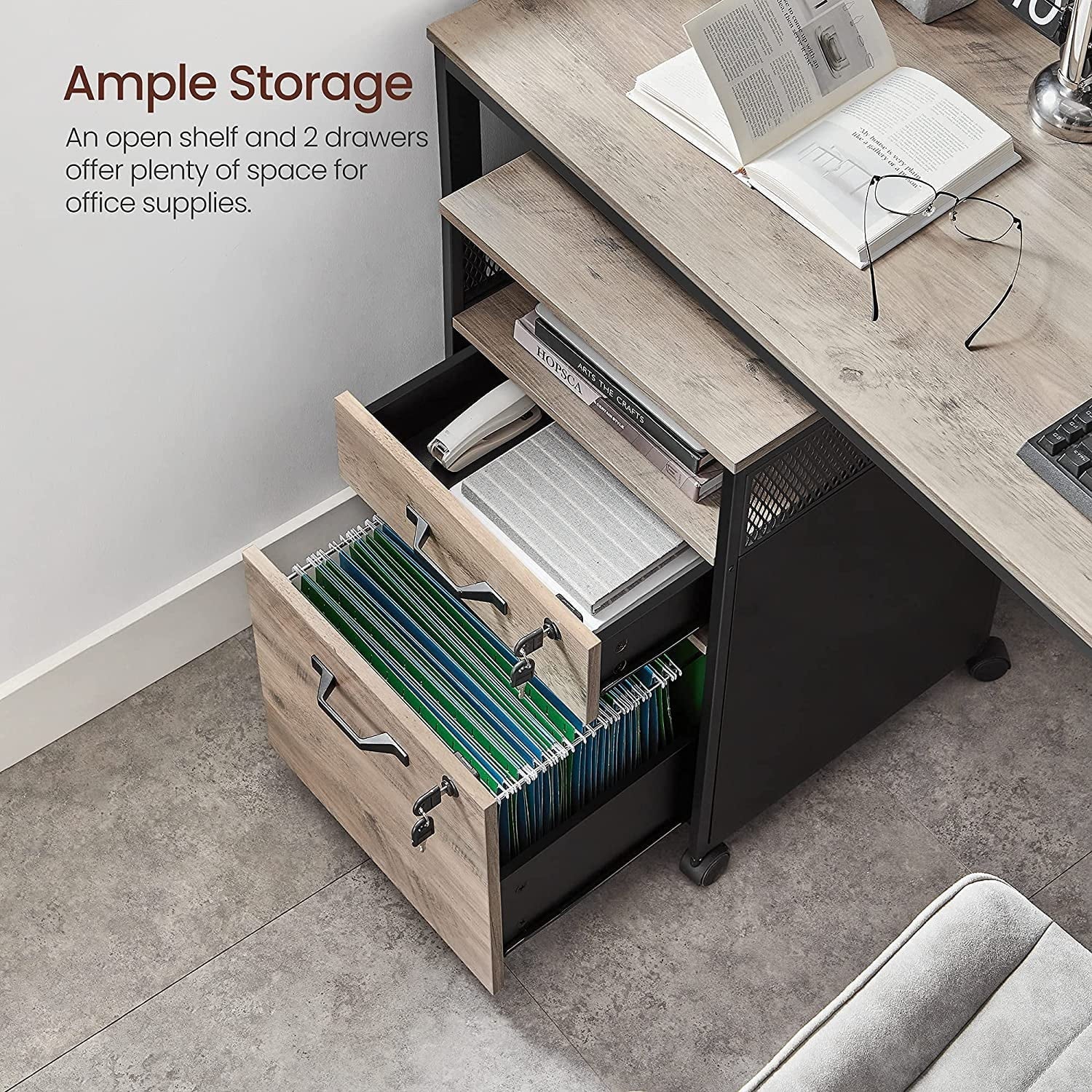 VASAGLE File Cabinet with Lock Filing Cabinet with 2 Storage Drawers for Home Office Open Shelf Greige and Black