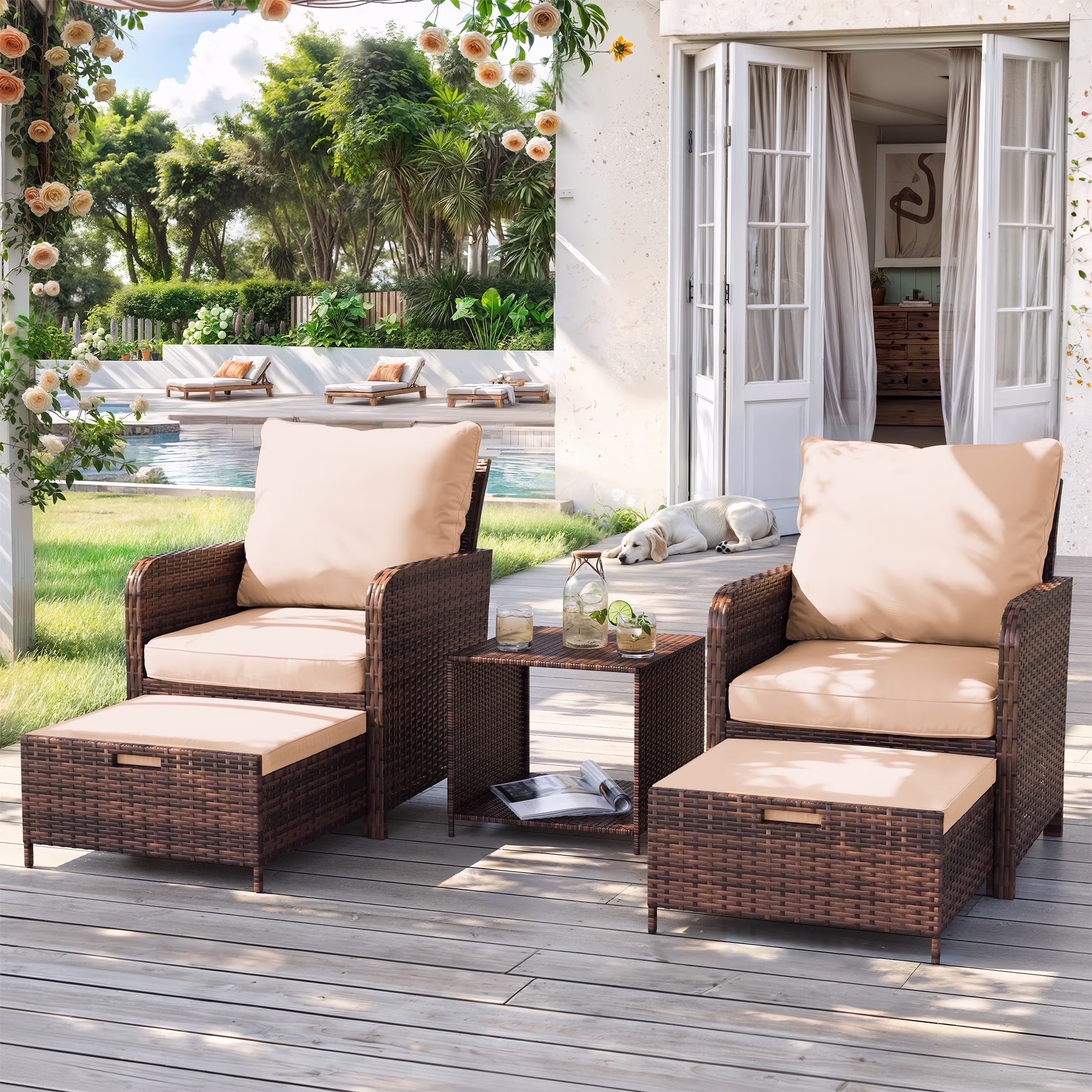 Poteban Balcony Furniture 5 Piece Patio Furniture Set, Outdoor Patio Chair with Ottoman for Front Porch Deck, Wicker Lounge Chair with Side Table, Grey