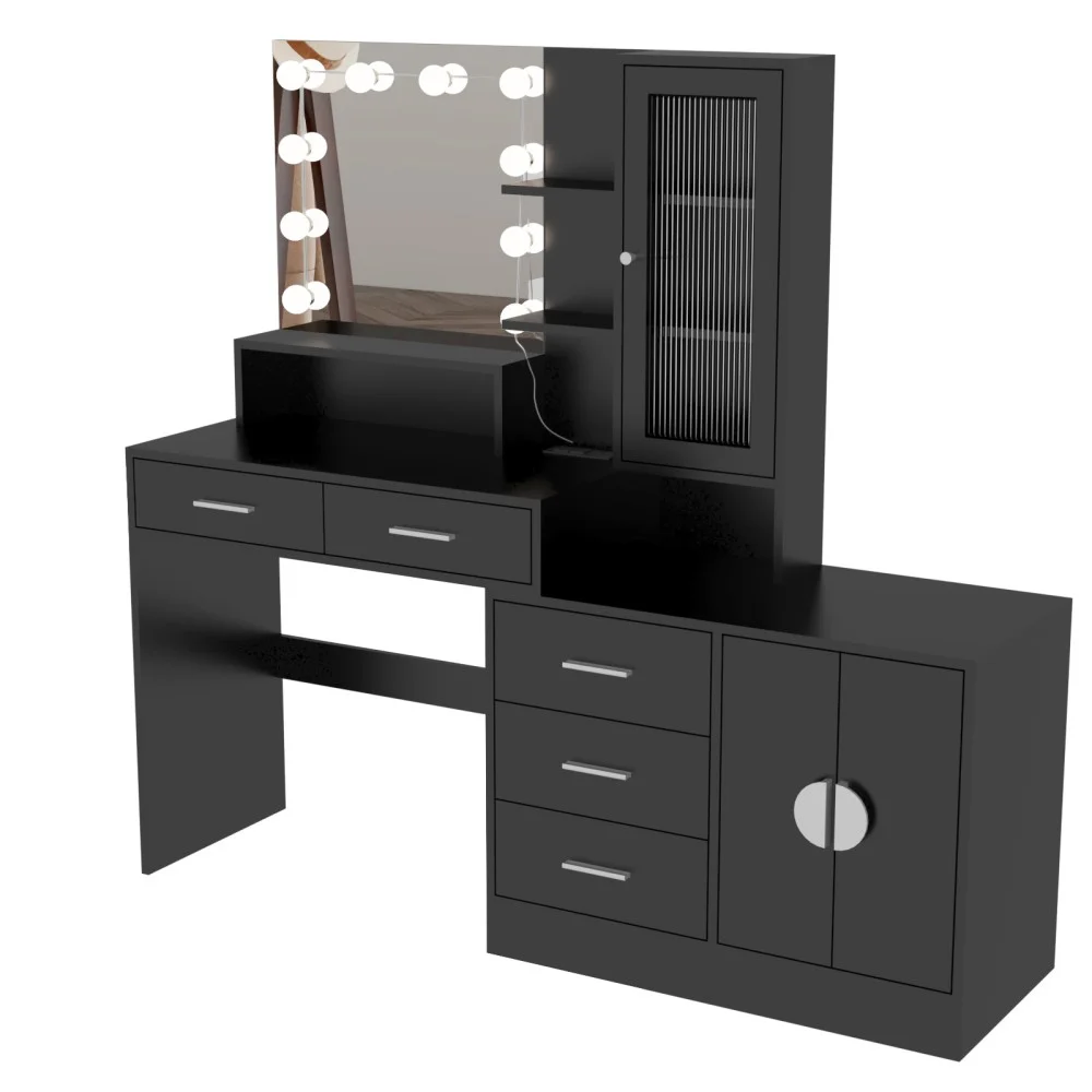 IVV Vanity Desk with Lighted Mirror and Charging Station, Makeup Dressing Table with 5 Drawers and Storage Cabinet, 10 LED Bulbs, 3-Color Lighting Modes, Brightness Adjustable, Black