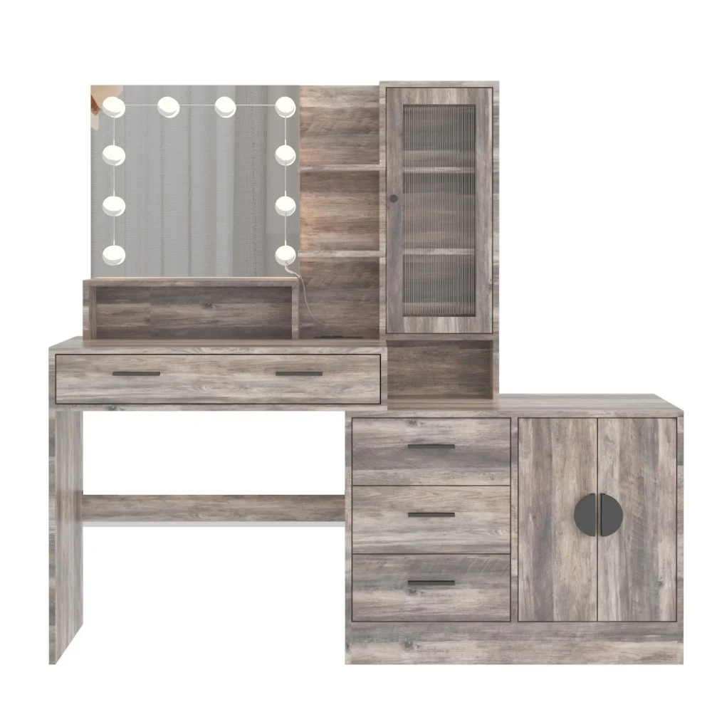 IVV Vanity Desk with Lighted Mirror and Charging Station, Makeup Dressing Table with 5 Drawers and Storage Cabinet, 10 LED Bulbs, 3-Color Lighting Modes, Brightness Adjustable, Black