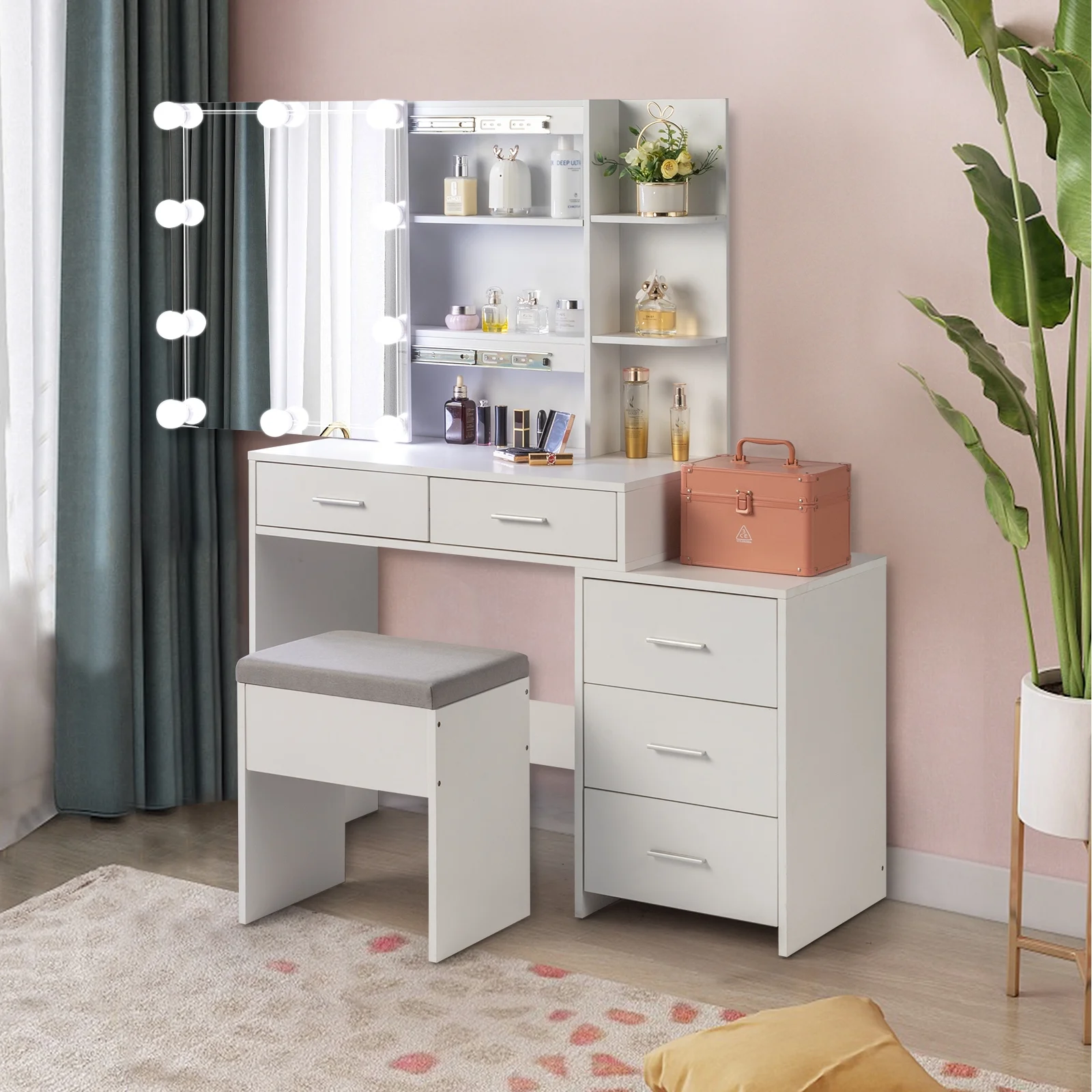 Resenkos Vanity Desk Set with Mirror and Lights for Makeup, 5 Drawers Storage Dresser for Bedroom, White