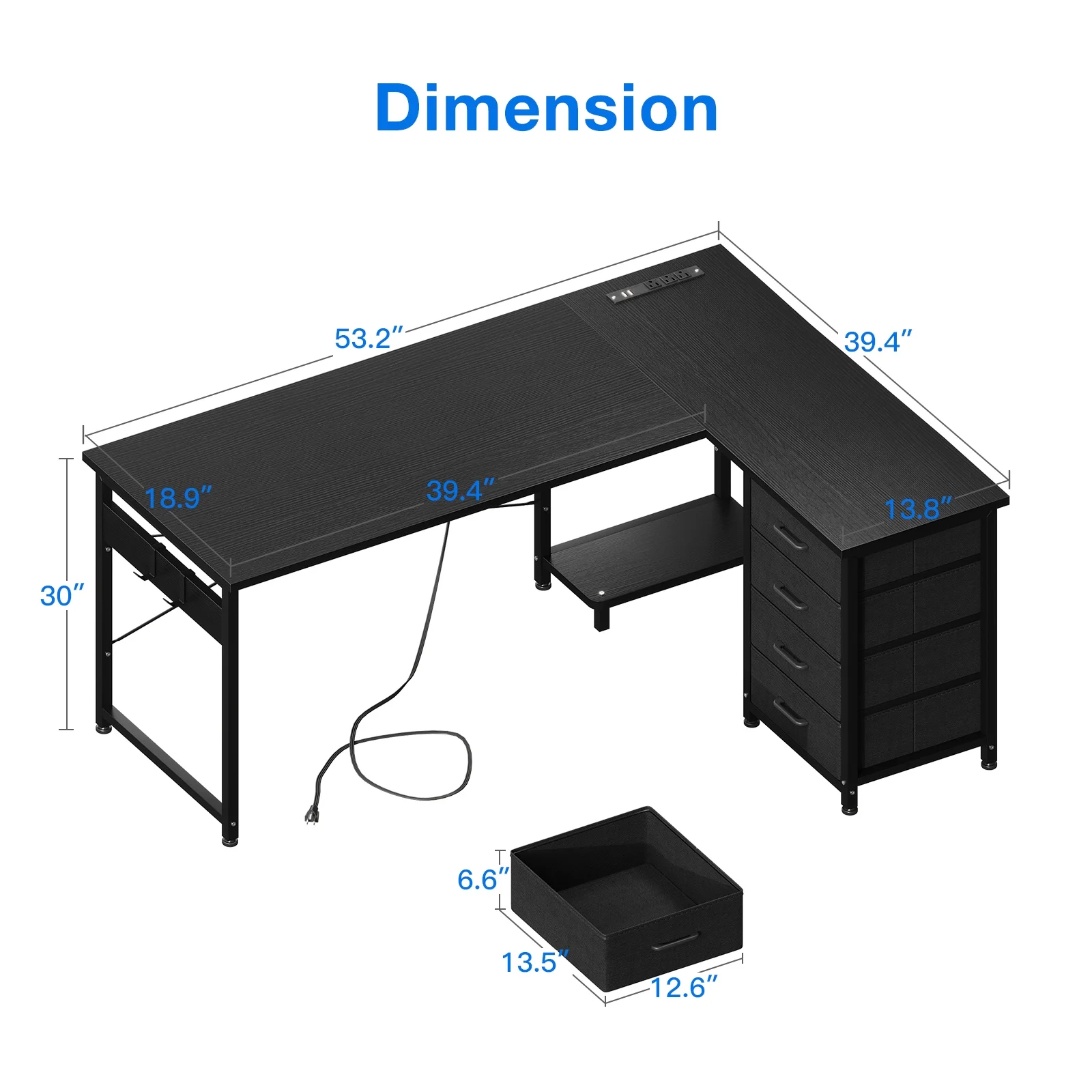 Reversible Modern Simple Style L Shaped Desk with Charging Station and Drawers, Pure Black