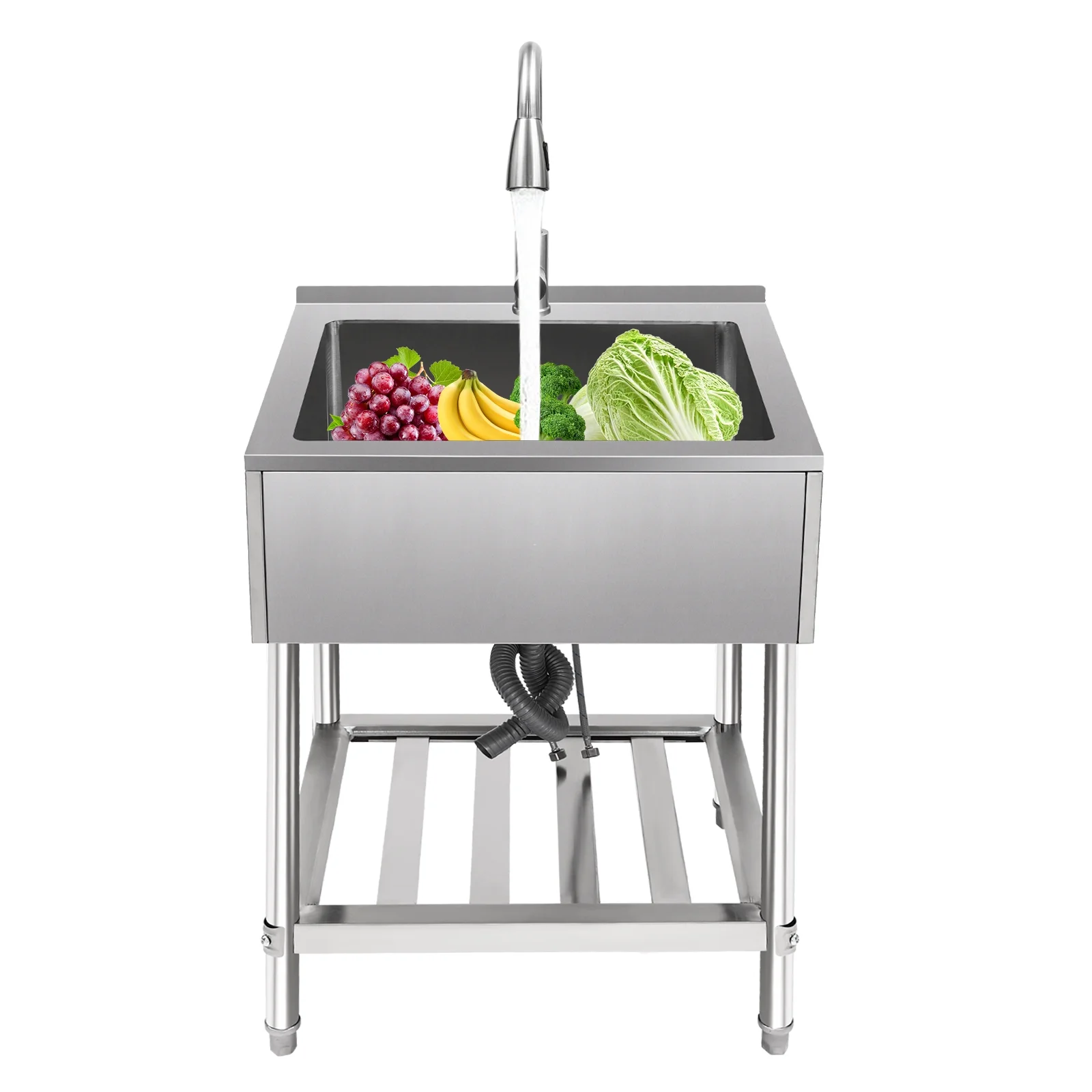 YIYIBYUS Commercial Utility Sink Stainless Steel Freestanding Single Bowl Laundry Sink with Pull-Out 360° Faucet, Adjustable Temperature, 63.5×56×87cm