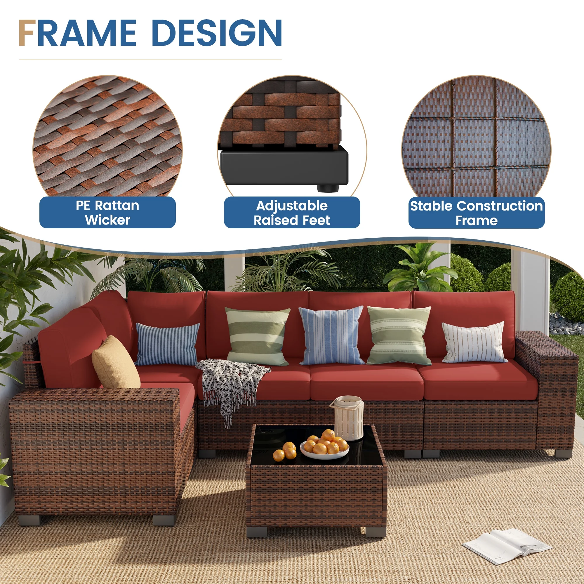 Poteban Patio Furniture Set 6 PCS Outdoor Sectional Conversation Sets Featuring Widen Wicker Armrests and High Back, Black (Waterproof Covers Included)