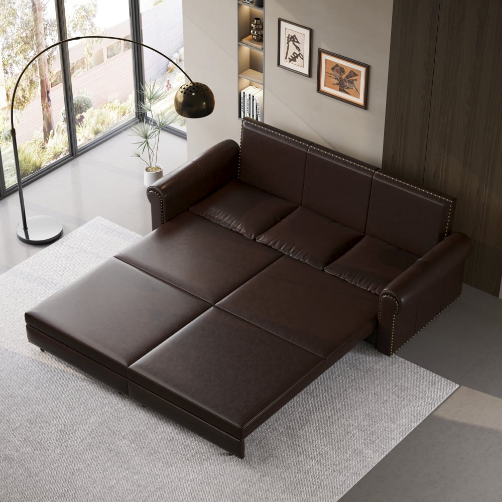 Elegant Chesterfield Convertible Sofa Bed, 3-in-1 King Size Pull Out Sleeper with Faux Leather, Nailhead Trim & Rolled Arms for Living Room, Dark Brown