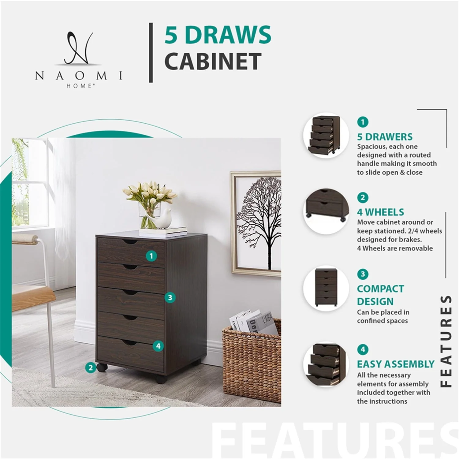 Naomi Home 5 Drawer Office Storage File Cabinet, Under desk storage file cabinets for Home Office, Office Organization Filing Cabinet with Wheels, Printer stand with storage, 180 lbs Capacity – White