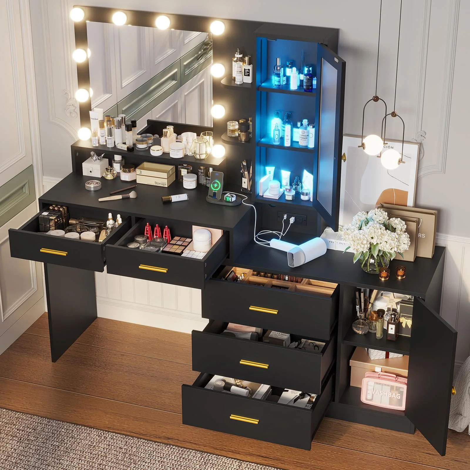 Afuhokles Vanity Desk with Mirror and Lights, Makeup Vanity with Charging Station and Dresser, Black