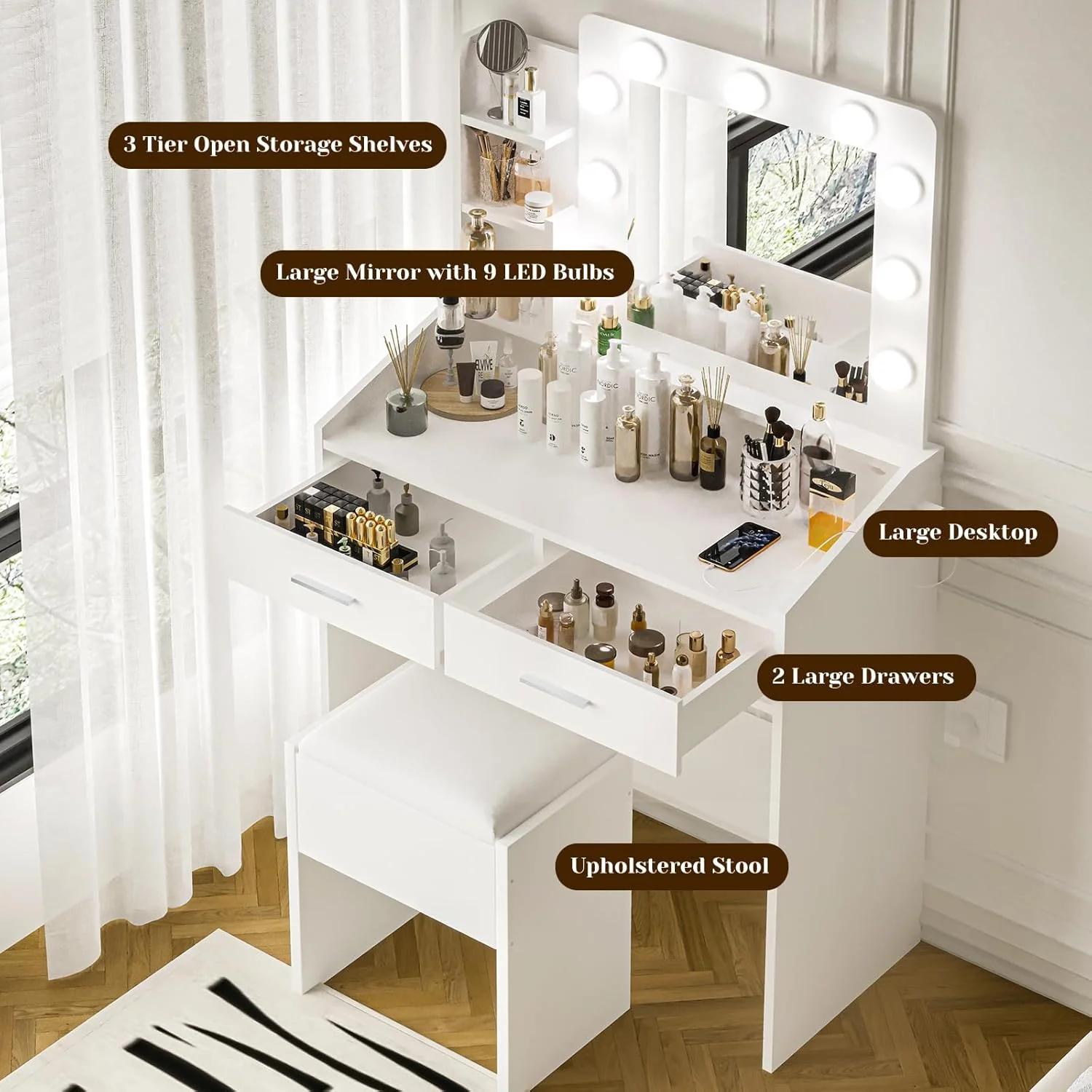 OYang Makeup Vanity with Lights, Vanity Desk with Mirror and Lights Set, Large Drawer and Two-Tier Lots Storage Cabinet, 3 Lighting Modes Adjustable Brightness