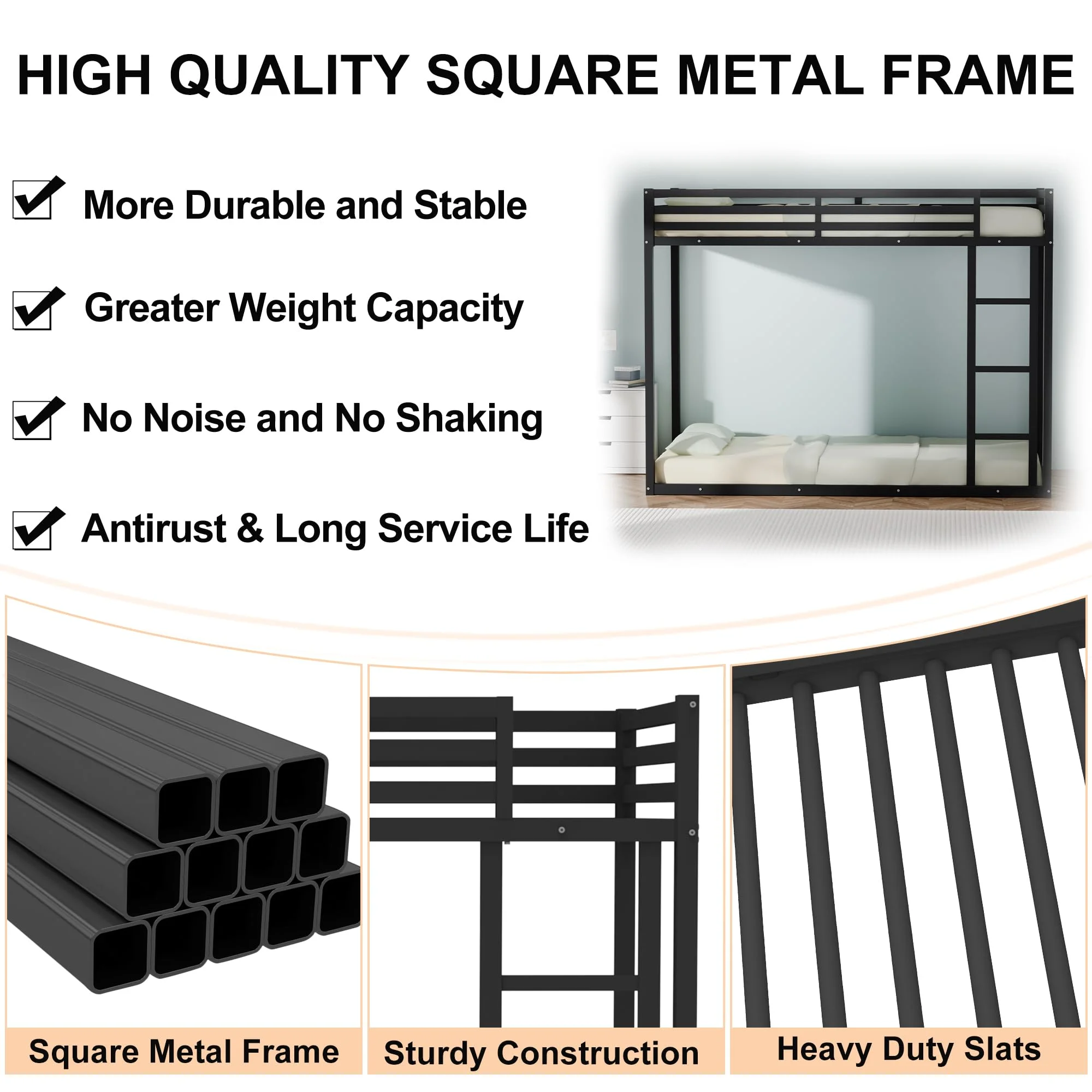 Kacho Metal Bunk Bed, Twin Over Twin Bunk Bed, Low Bunk Bed with Safety Full-Length Guardrail and Ladder, No Box Spring Needed, Suitable for Teens, Bunk Bed Frame Easy Assembly, Black