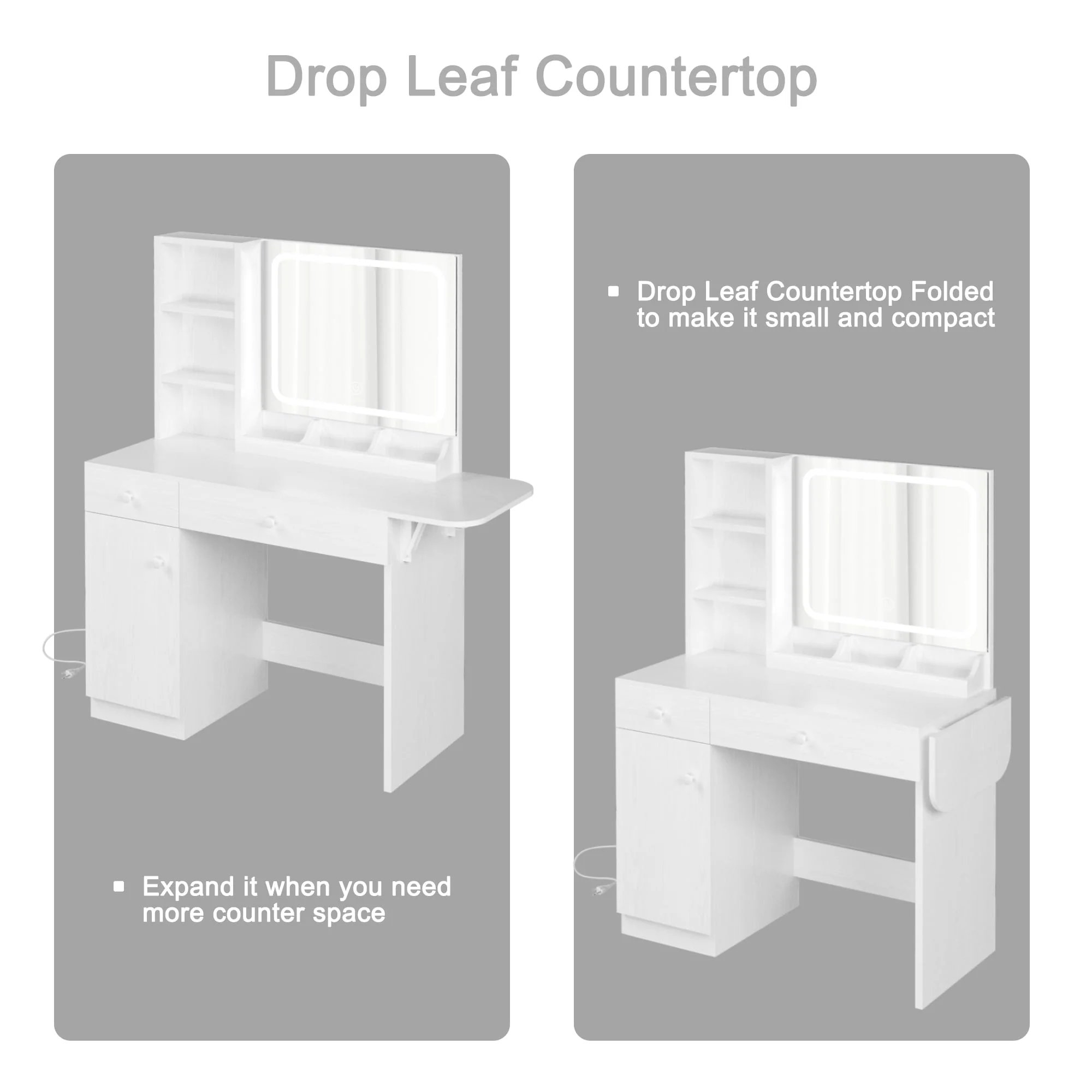 IRONCK Vanity Desk with LED Lighted Mirror & Power Outlet, Makeup Table with Drawers & Cabinet,Storage Stool,for Bedroom, White