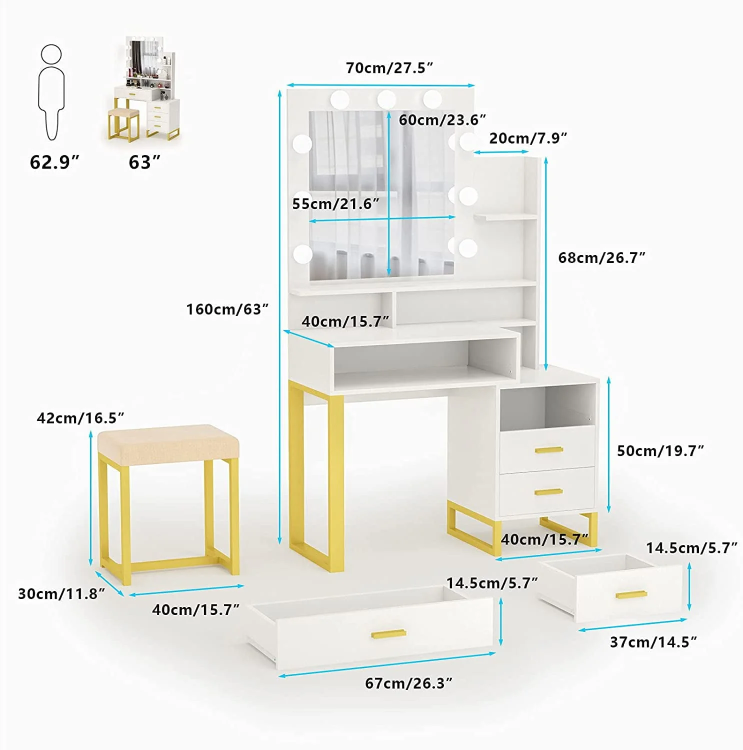 Pakasept Vanity Set with Lighted Mirror, Makeup Vanity Dressing Table with LED Light, Drawers, Storage Shelves and Cushioned Stool, Small Vanity Desk for Bedroom