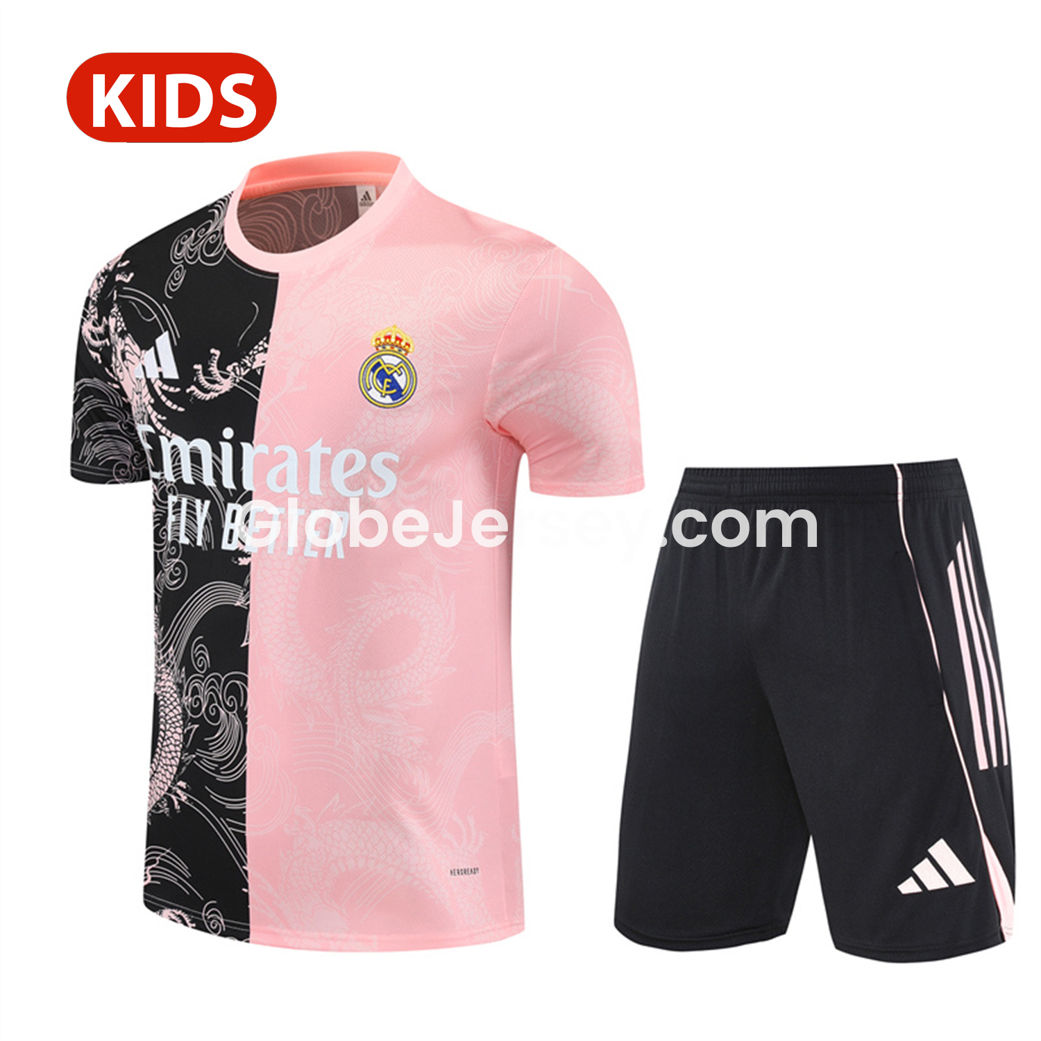 Real Madrid 25-26 Kid Short-Sleeve Training Set - Pink Black Top & Black Shorts